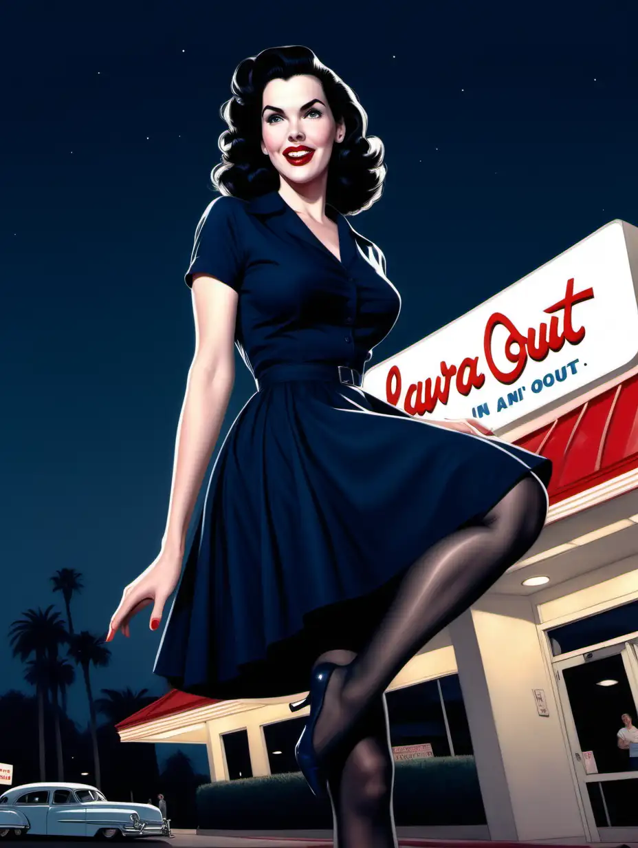 Laura Mennell, 1950s , curvy, [Highly Detailed] Dark comic art style, below angle, short flowy navy shirtdress, giggle, navy pantyhose, The Seven Year Itch pose in front of In-N-Out, night
