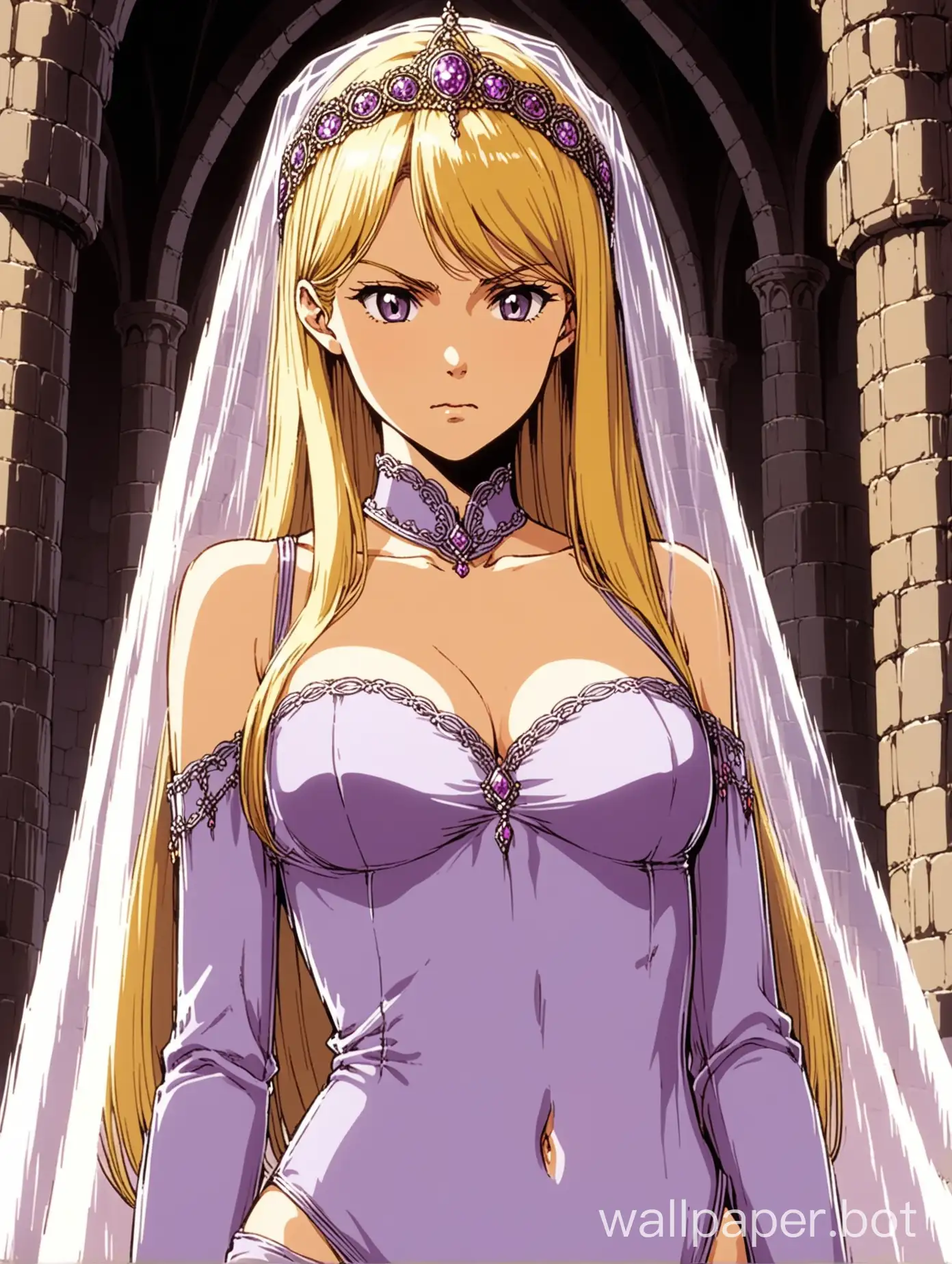 a beautiful young blonde woman, she is thin and elegant, youthful face, bitter facial expression, scowling, slender elegance, wearing an open shirt, she is wearing a skintight thin translucent sleeveless lavender dress that is open down the front, cleavage, exposed chest, midriff, exposed navel, wearing an ornate headdress, lilac veil, golden-blonde hair that is parted in the middle, she is thin and skinny, 1980s retro anime, medieval elegance, castle interior