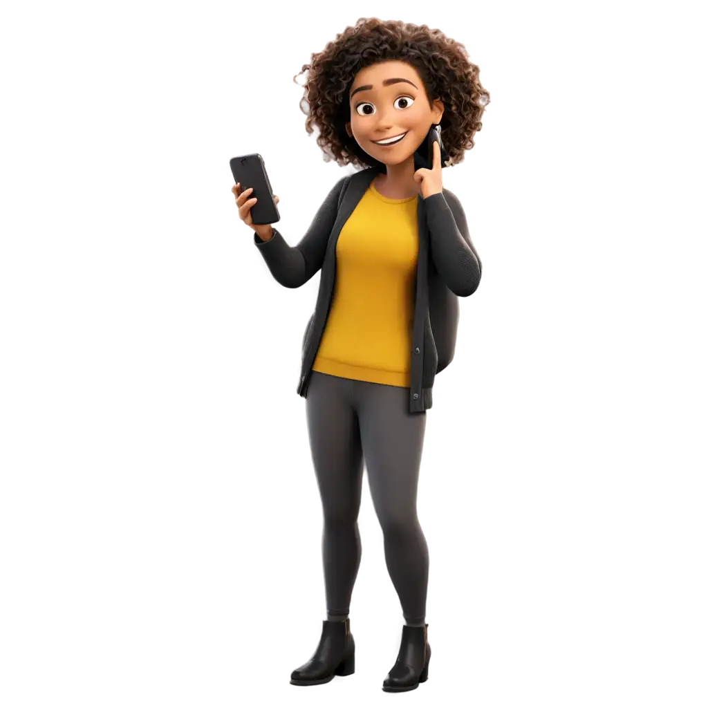 a woman in cartoon pixar. wearing a yellow and black shirt with cardigan and holding and looking to phone with happy face with inviting gesture