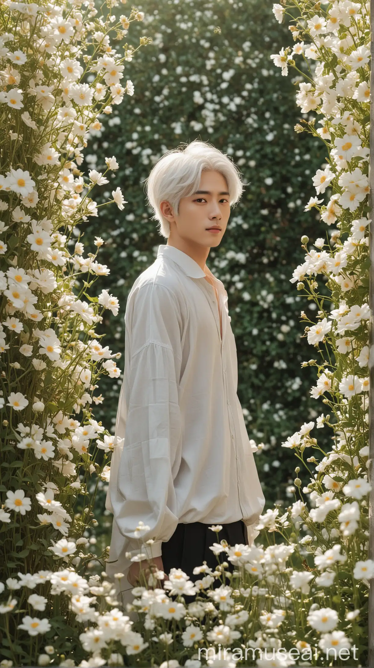 a person with white hair standing in front of flowers, in the style of handsome, hallyu, light-filled, louis, gongbi, fawncore, romantic scenery