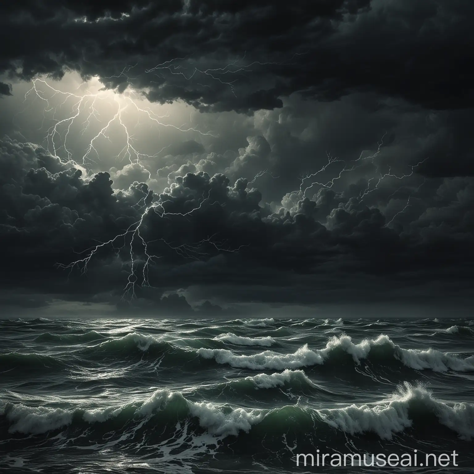 Dramatic Dark Stormy Sea with Thunderstorm at Sunset