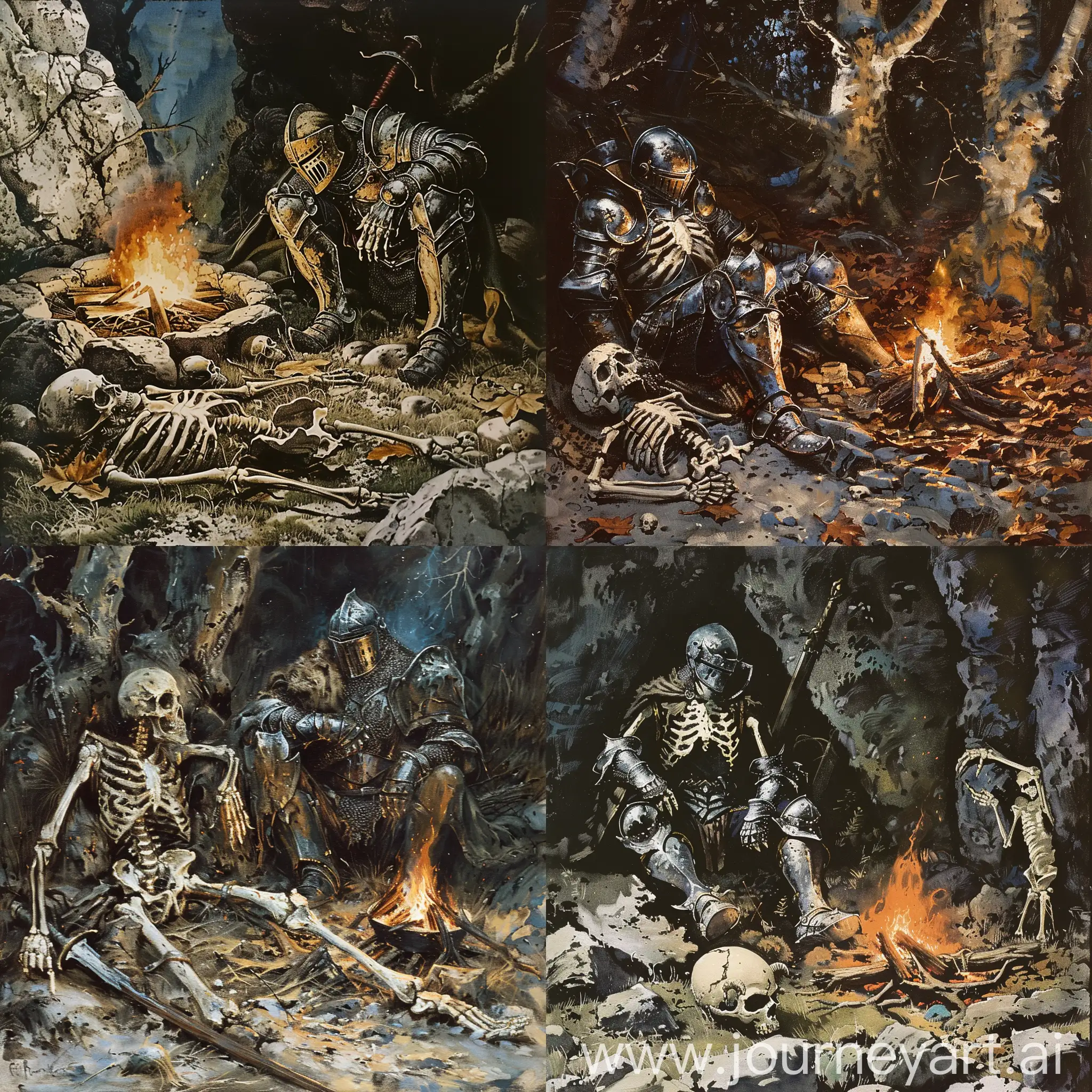 A knight resting by the campfire alongside a decaying skeleton, in the art style of Frank Frazetta. Dark Fantasy, Dark Souls, 80s dark fantasy novel