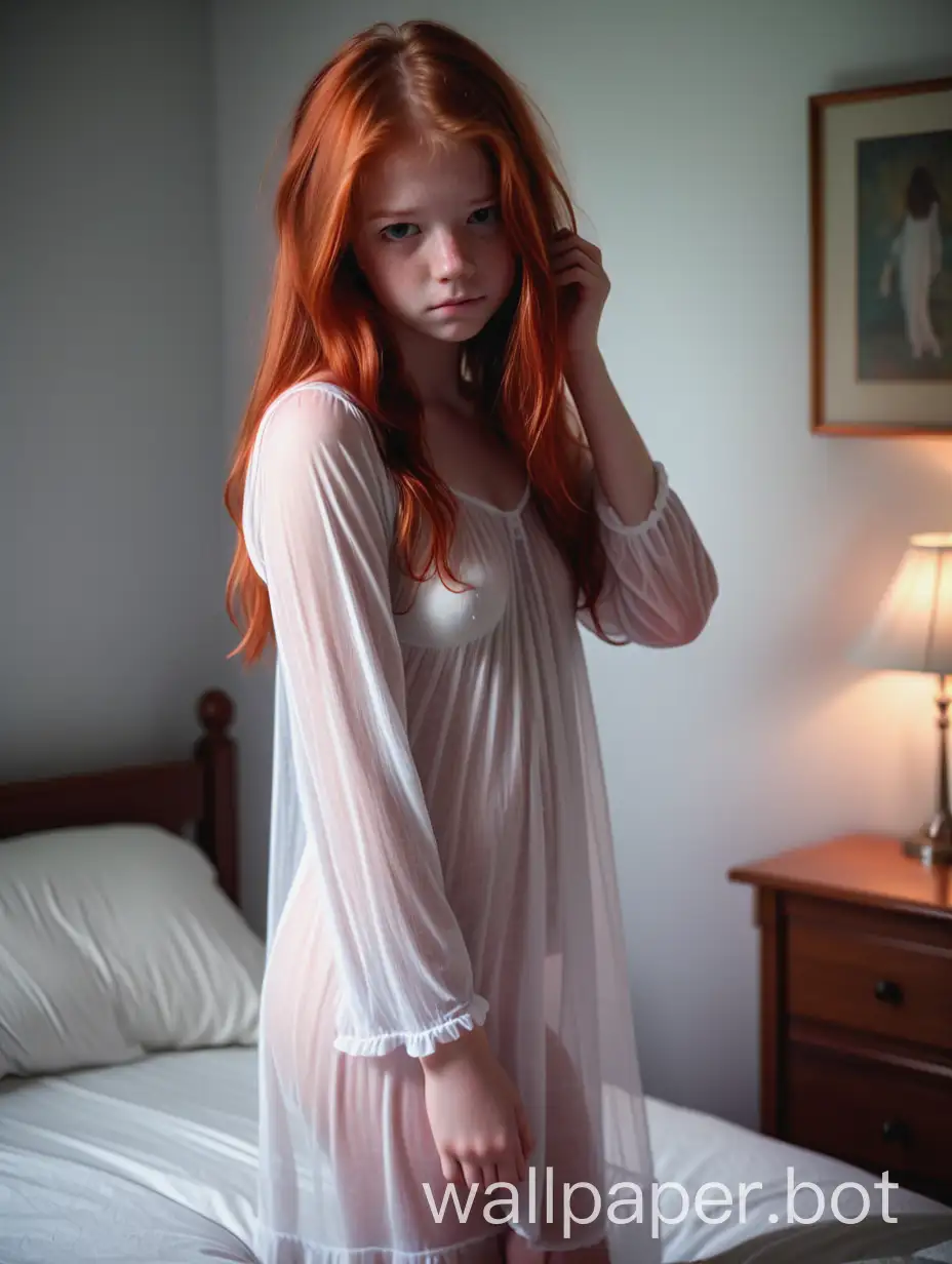 young teen red head wearing white gauzy see through nightgown in bedroom embarrassed shy skin visible