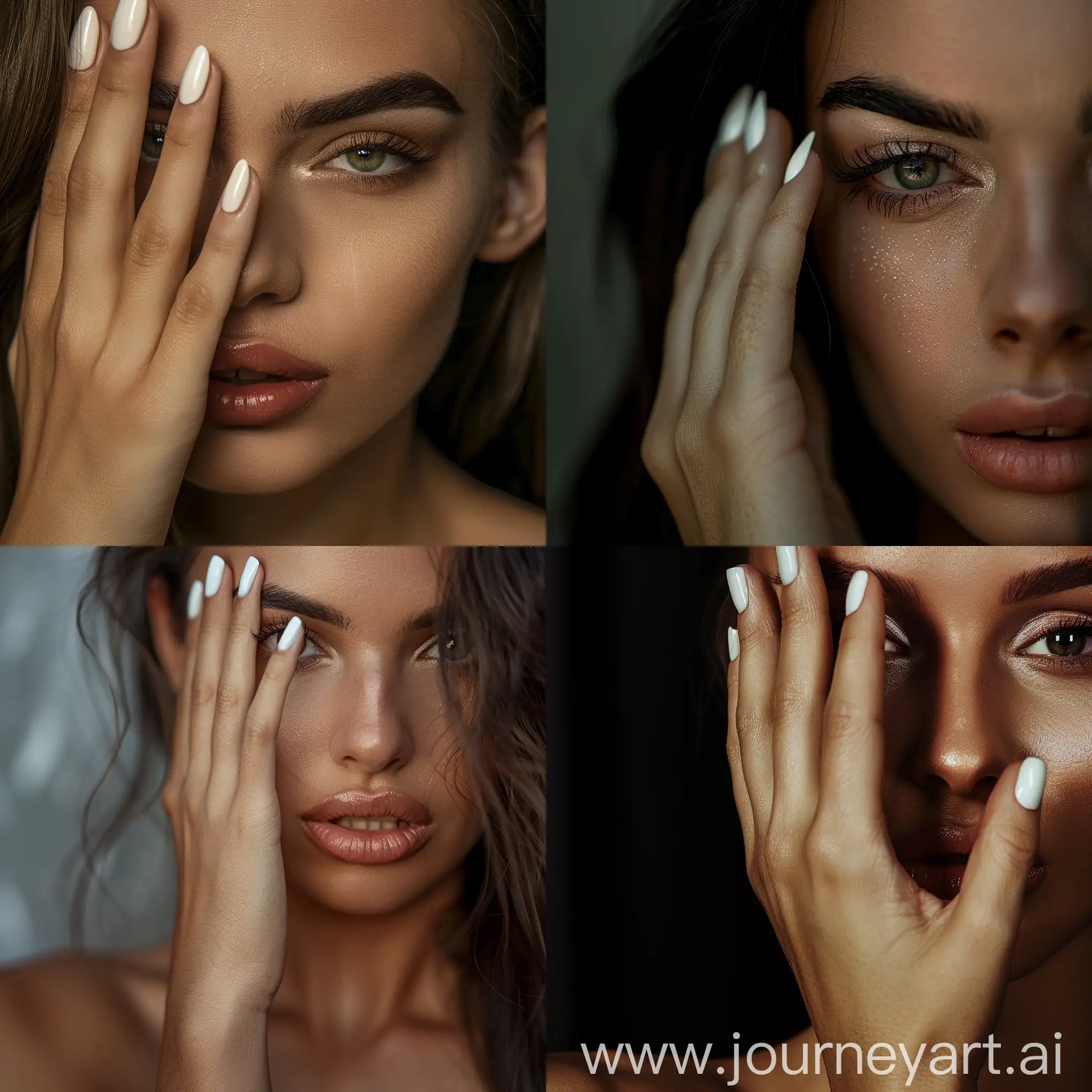 Photography: Female super model covering left side of face with hand, white nail polish, captivating portrait, professional, studio lighting, cheekbones, jawline, thick lips, bushy eyebrows, brunette 