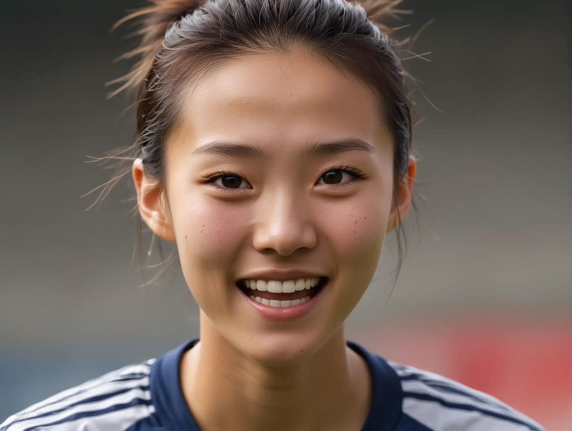 Close up natural face without make-up of a beautiful very skinny 20 year old Chinese female soccer player celebrating a goal with fiercely intense eyes and a joyful smile.