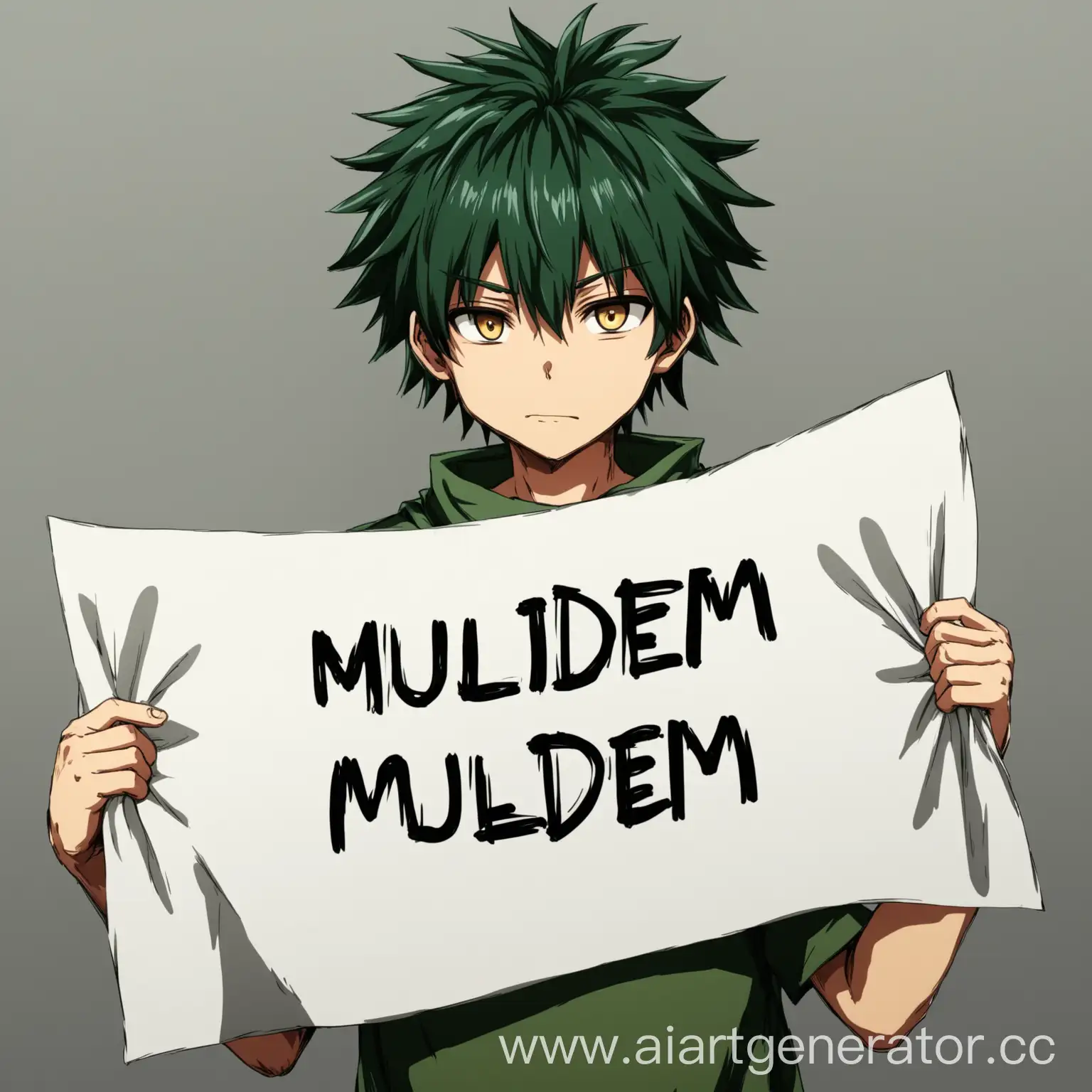 Anime boy nomadboy holds sheet with inscription muldem