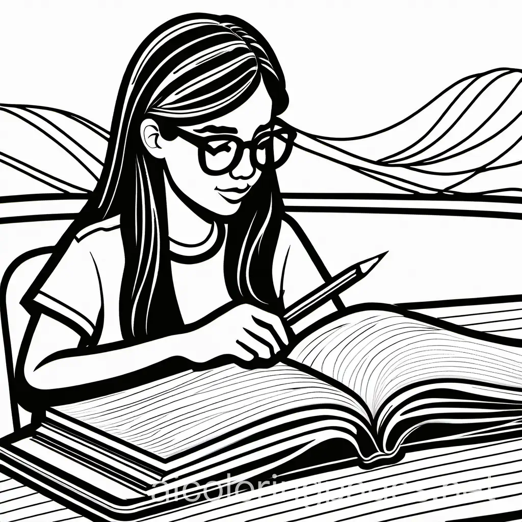Teen-Girl-Sketching-in-Book-Black-and-White-Coloring-Page-with-Ample-White-Space