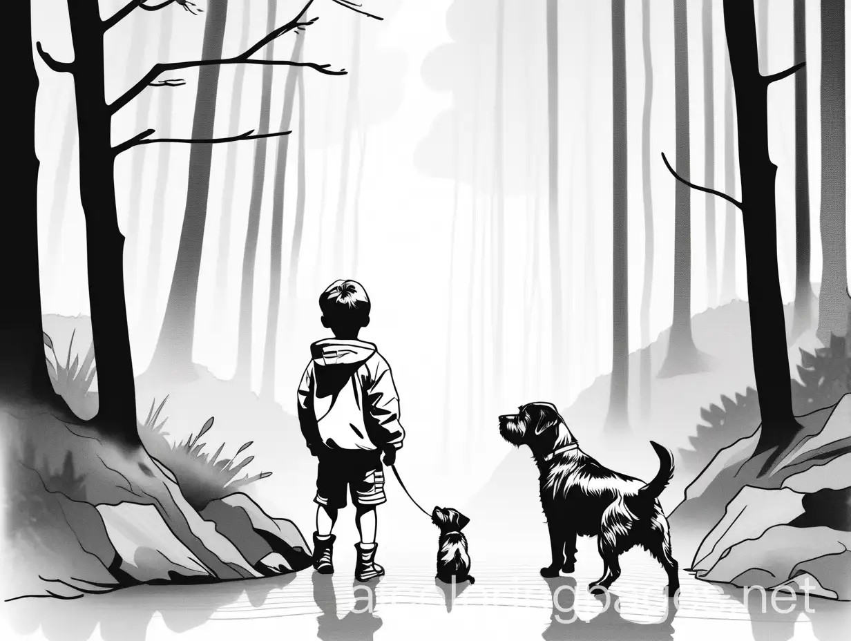 Stephen Gammell style, drawing, , watercolors, soft pastel forest, A tiny cute little boy with his pet Border Terrier dog, digital painting fantasy high detail high definition hdr very cute matte background focused, Coloring Page, black and white, line art, white background, Simplicity, Ample White Space. The background of the coloring page is plain white to make it easy for young children to color within the lines. The outlines of all the subjects are easy to distinguish, making it simple for kids to color without too much difficulty