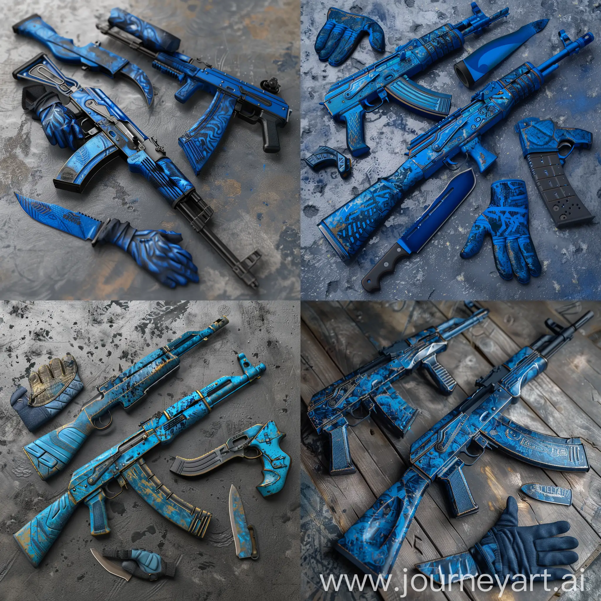 In the CS GO game, make perfect skins for AK 47, deagle, knife and glove weapons that look like they are in the game, and the theme of the skins will be blue.