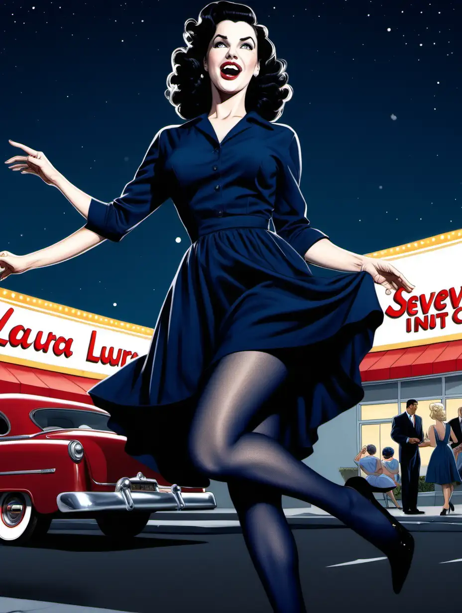 Laura Mennell, 1950s , curvy, [Highly Detailed] Dark comic art style, below angle, short flowy navy shirtdress, giggle, navy pantyhose, The Seven Year Itch pose in front of In-N-Out, night
