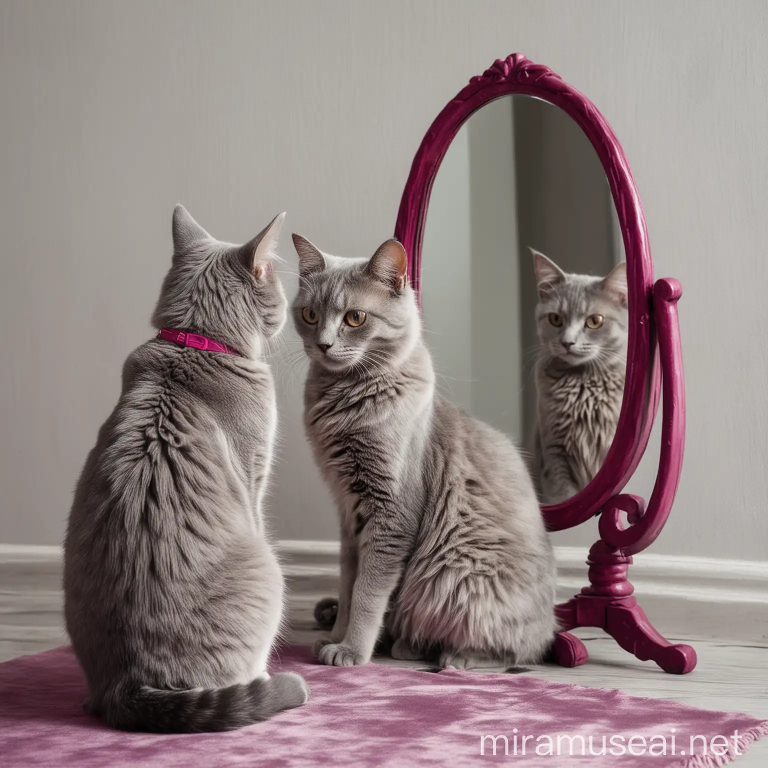 Cat Watching Reflection in Magenta and Gray Setting