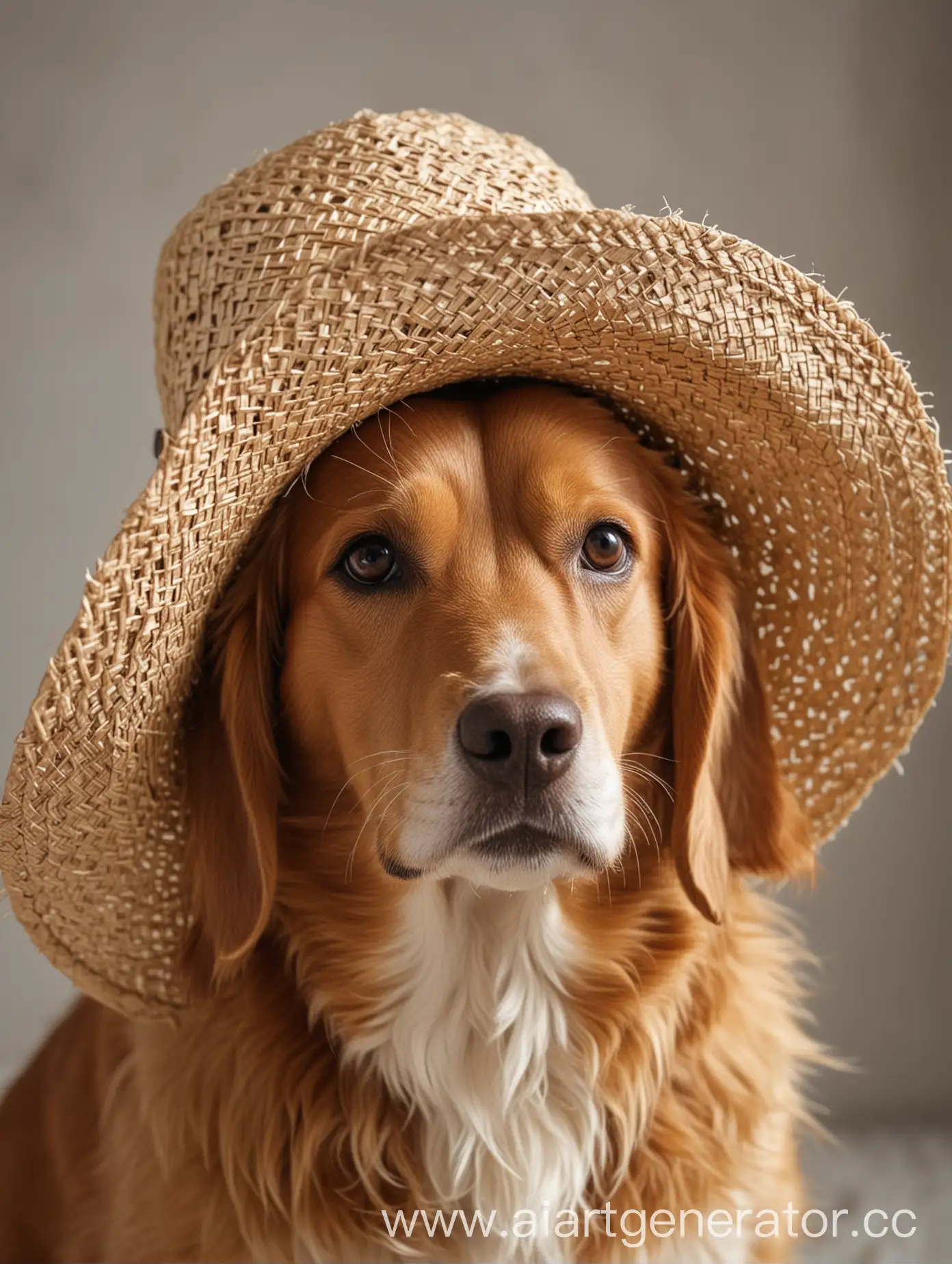 собака в соломенной шляпе, которая смотрит в кадр, при этом чтобы шляпа не выходила из кадра