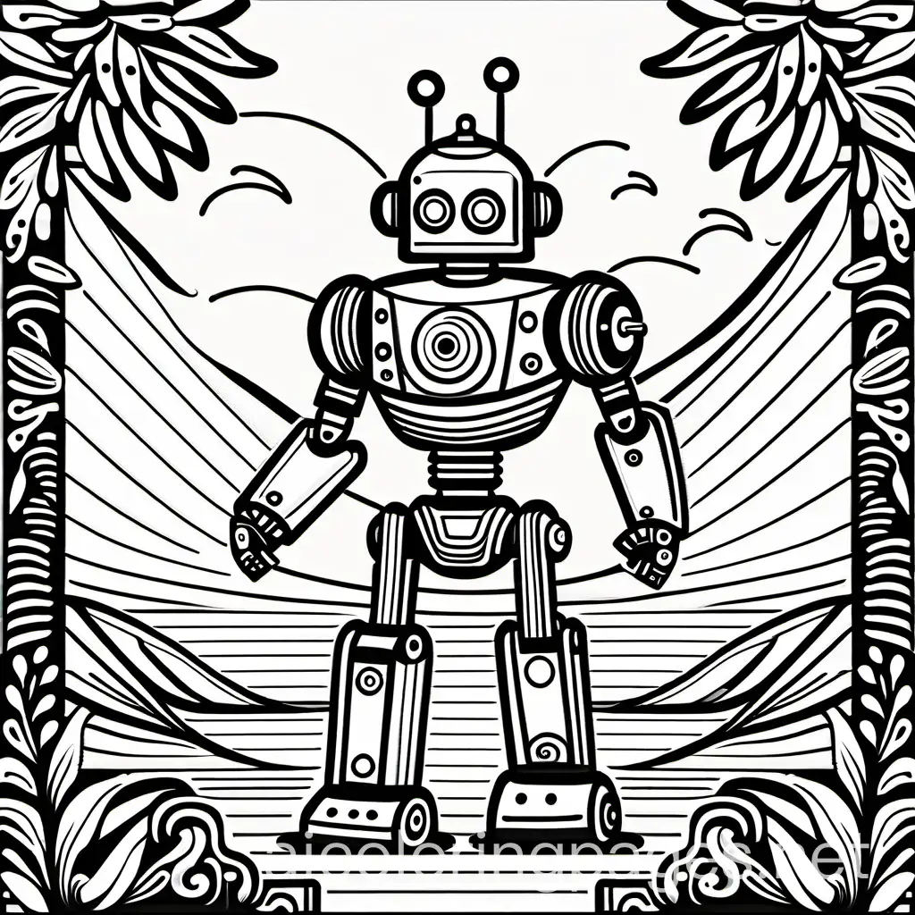 dancing robot, Coloring Page, black and white, line art, white background, Simplicity, Ample White Space. The background of the coloring page is plain white to make it easy for young children to color within the lines. The outlines of all the subjects are easy to distinguish, making it simple for kids to color without too much difficulty