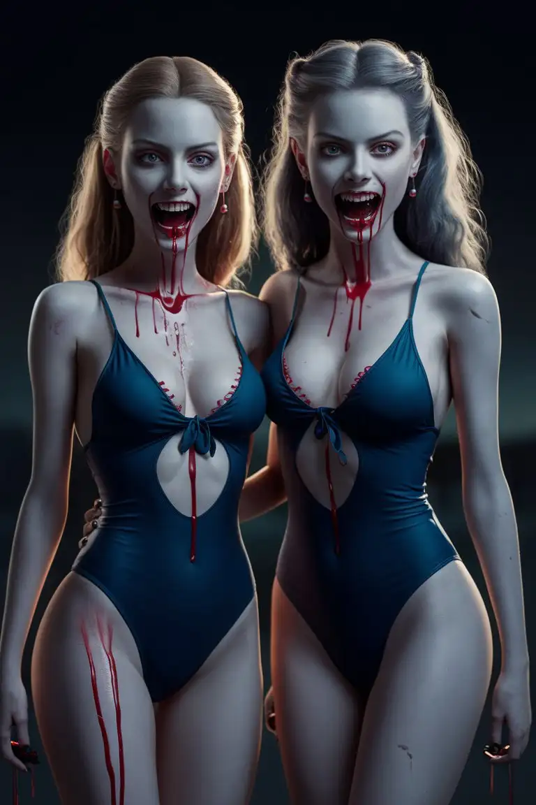 Two 18 year old female vampires, one piece swimsuits, long fangs, dripping blood, night, photo realistic,  no makeup