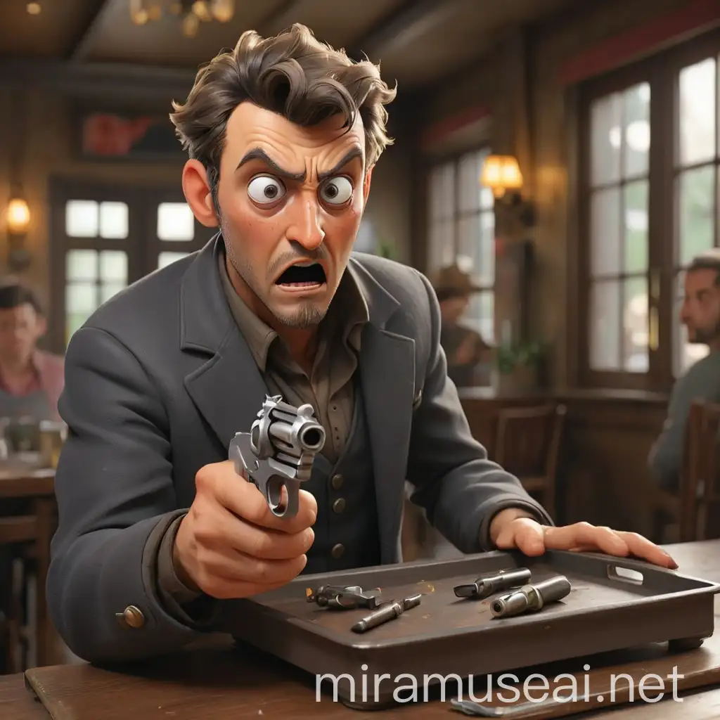  В ресторане выносят поднос а на нем маленький револьвер   и   гость с удивленными глазами смотрит на него 