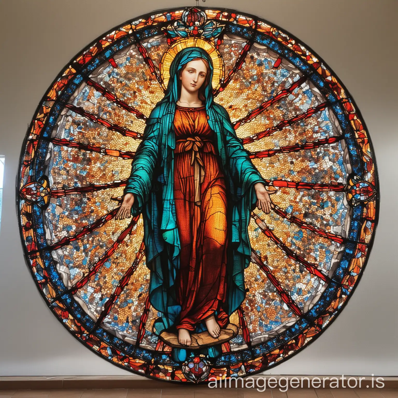 180 degree stained glass very beautiful and multicolored with the photo of virgin Marie