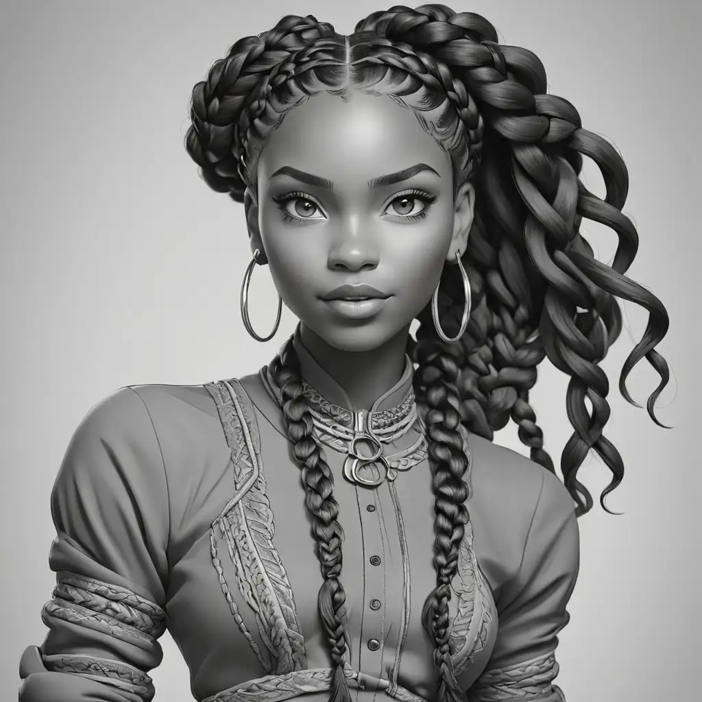 Create a high fashion coloring page featuring a stylish Black woman with braids. She should be walking with confidence, showcasing a chic and trendy outfit. Ensure the illustration captures her elegance and strength, with intricate details in her braids and attire to make the coloring experience engaging and enjoyable.
