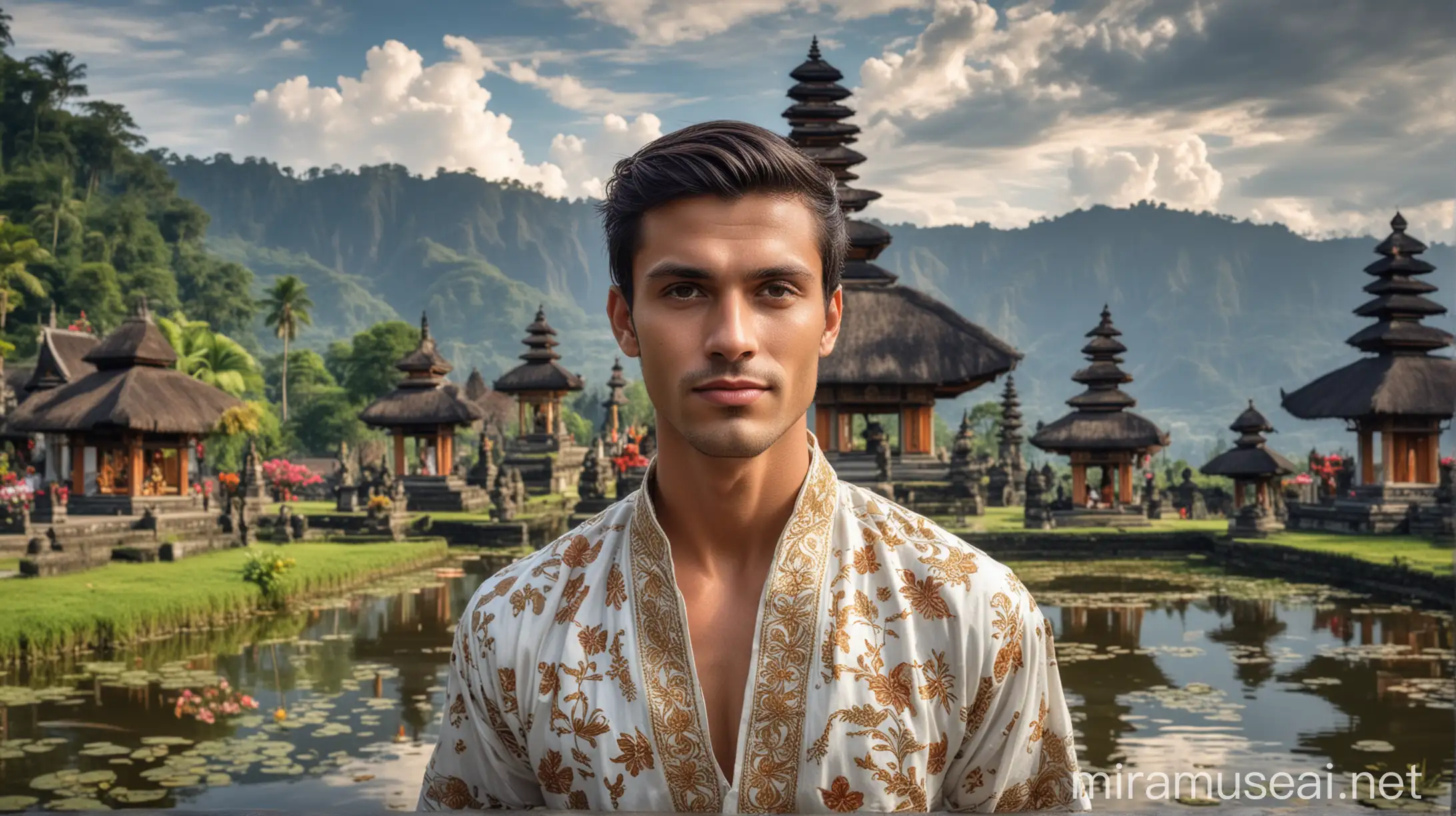 Handsome French Man in Traditional Balinese Outfit at Ulun Danu Beratan Temple