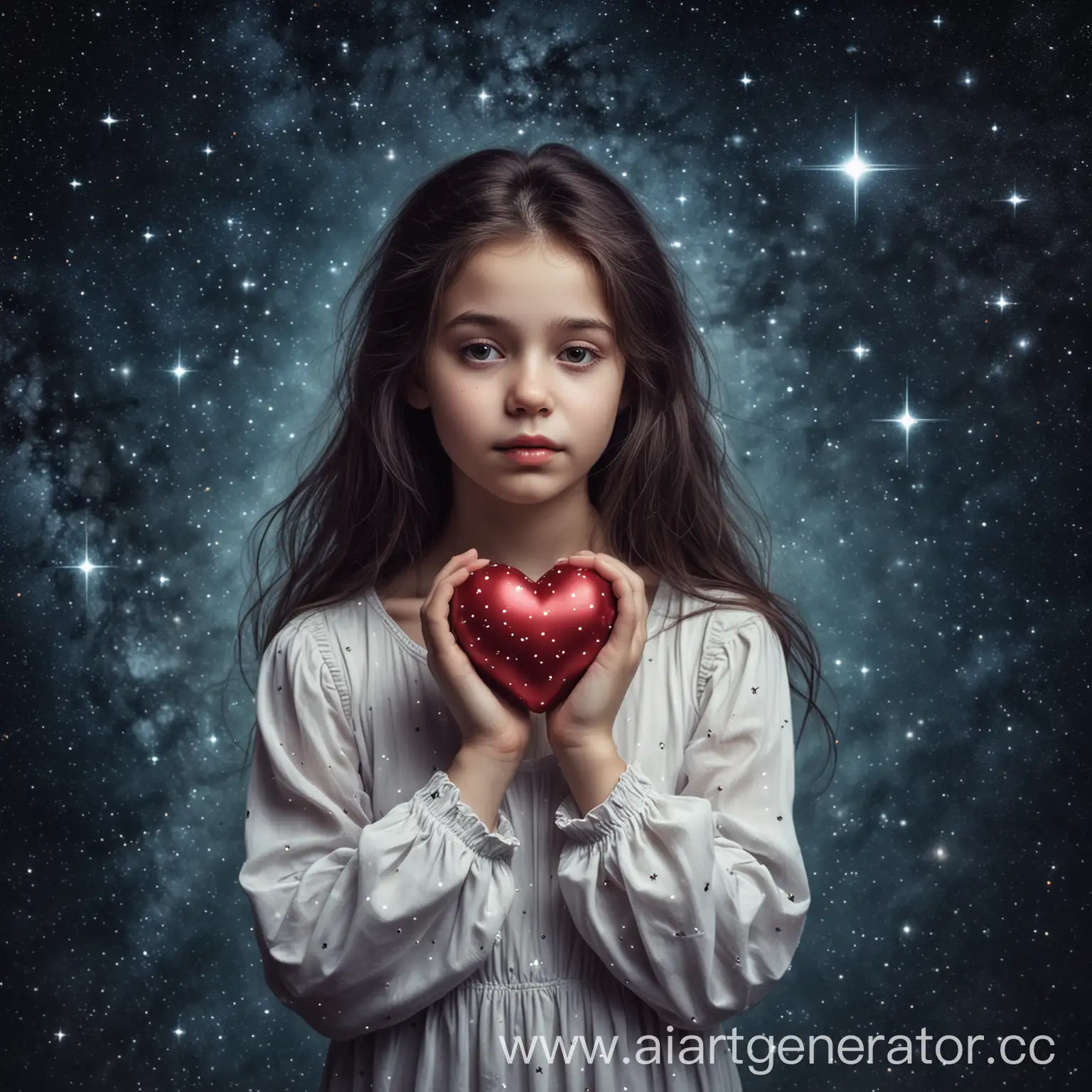 грустная девушка держит в руках своё сердечко. на фоне звёзды и космос