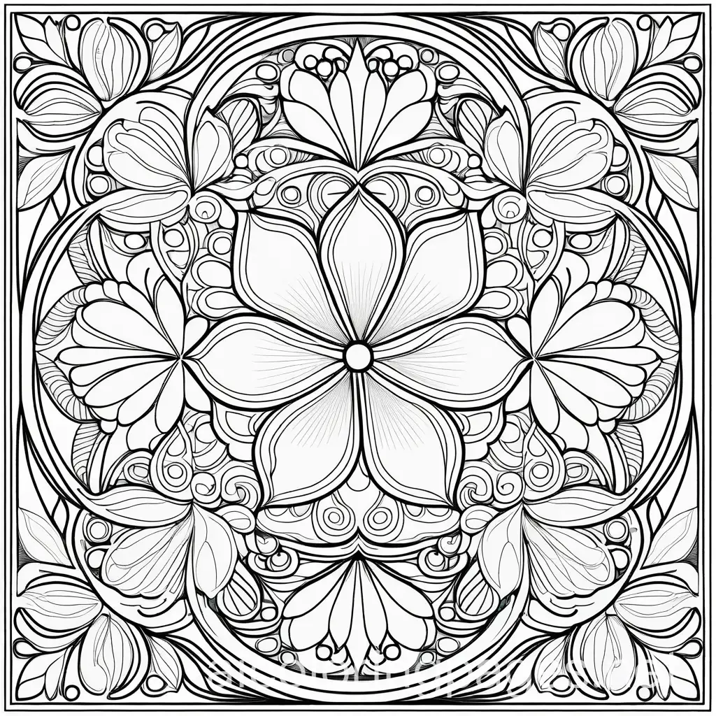 Vintage Floral Pattern, Coloring Page, black and white, bold marker thick outline, no grey shadings, white plain background, Simplicity, Ample White Space. The background of the coloring page is plain white. The outlines of all the subjects are easy to distinguish., Coloring Page, black and white, line art, white background, Simplicity, Ample White Space. The background of the coloring page is plain white to make it easy for young children to color within the lines. The outlines of all the subjects are easy to distinguish, making it simple for kids to color without too much difficulty