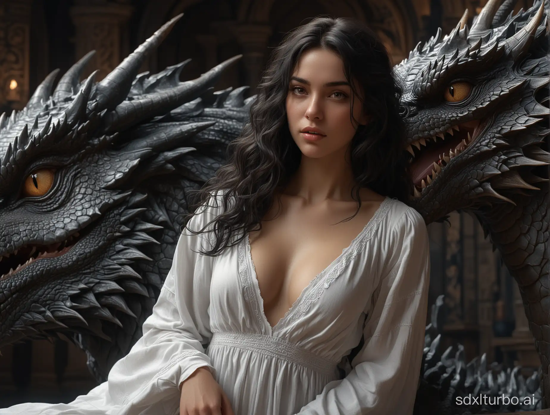 A beautiful young woman with black long hair wavy at the ends, dressed in a  nightgown, looks in the eyes of  one very beautiful huge dragon  , perfect composition, beautiful detailed intricate insanely detailed octane render trending on artstation, 8 k, photorealistic concept art, soft natural volumetric cinematic perfect light, chiaroscuro,  masterpiece, caravaggio, greg rutkowski