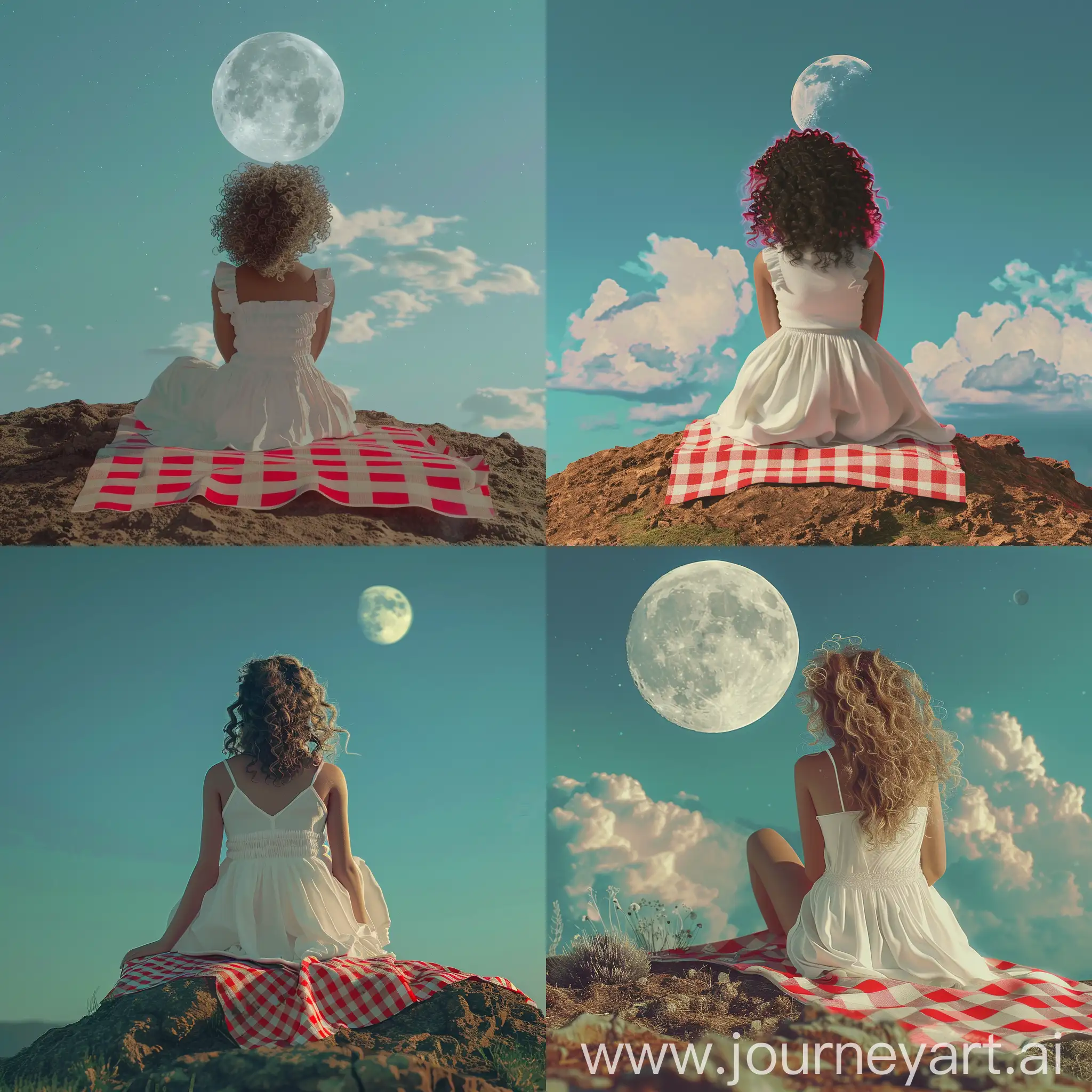 a curly hair girl wearing white dress on a hill sitting on Red and white checkered pattern picnic cloth watching moon on skies, cinematic, animation style