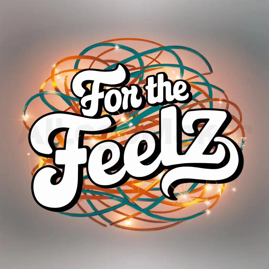 a logo design,with the text "forthefeelz", main symbol:a logo design,with the text 'for the feelz', main symbol: You're asking for a logo design with the following specifications:n1. A 60-70s viben2. whiteCursive fontn3. Visible under LED lightsn4. Colors: Orange, teal, and purple6. anabstractgroovy backgroundn7. Lettering that stands out,Moderate,clear background- remove icon from the middle leave everything the same - add some little sparkles,complex,clear background