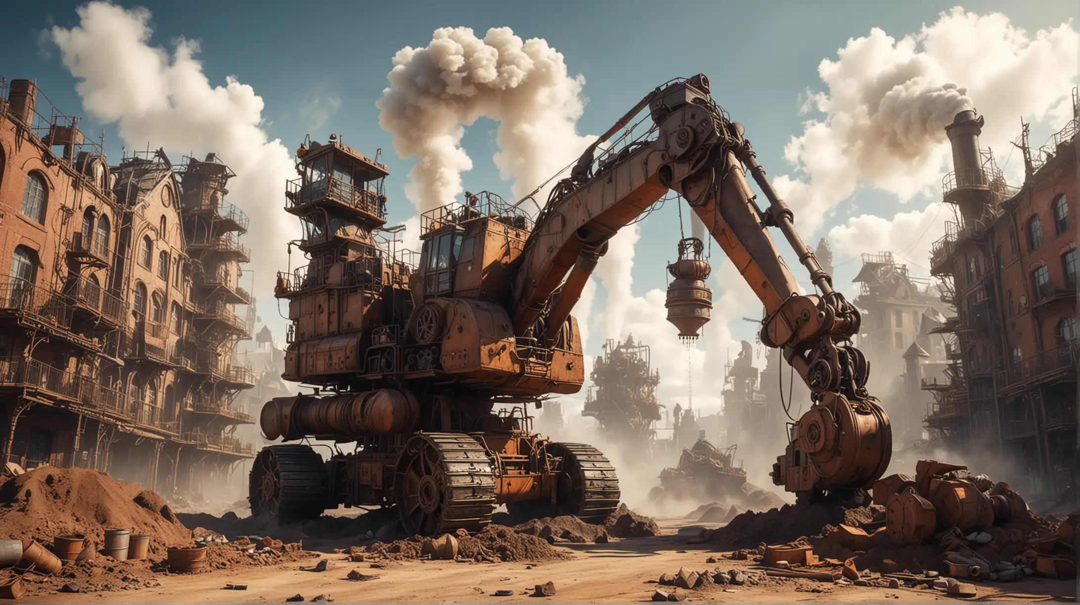a giant steampunk excavator with many buckets makes an excavation in the center of a steampunk city, steam, smoke, sunny