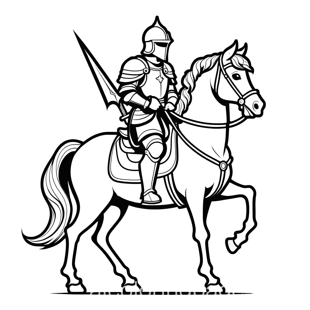 cute knight on a horse kawaii style, Coloring Page, black and white, line art, white background, Simplicity, Ample White Space