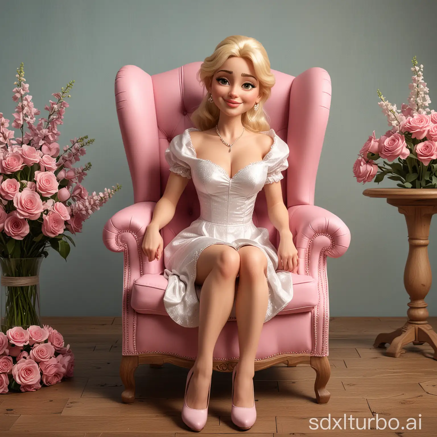Create a Caricature 3D Realistic Disney pixar style full body with a big head. 'Madonna'. A 30 year old woman, is sitting relaxed in a classic pink color wingback wooden chair, the wood texture is clear. Wearing a Madonna wedding dress in 1985. Sit with your legs crossed, right hand holds a bouquet of flowers, your left hand placed on the edge of the chair. The background should contrast with the color of the chair and clothing,enhancing the overall composition of the picture. Use soft photography lighting, dramatic overhead lighting, very high image quality, clear character details, UHD, 16k.