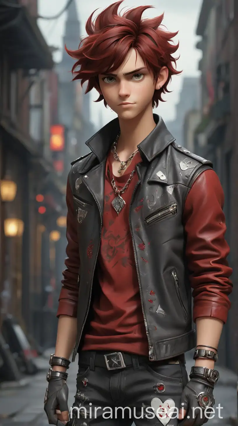 Rebellious Teenage Boy with Dark Red Hair in Casinothemed Leather Jacket