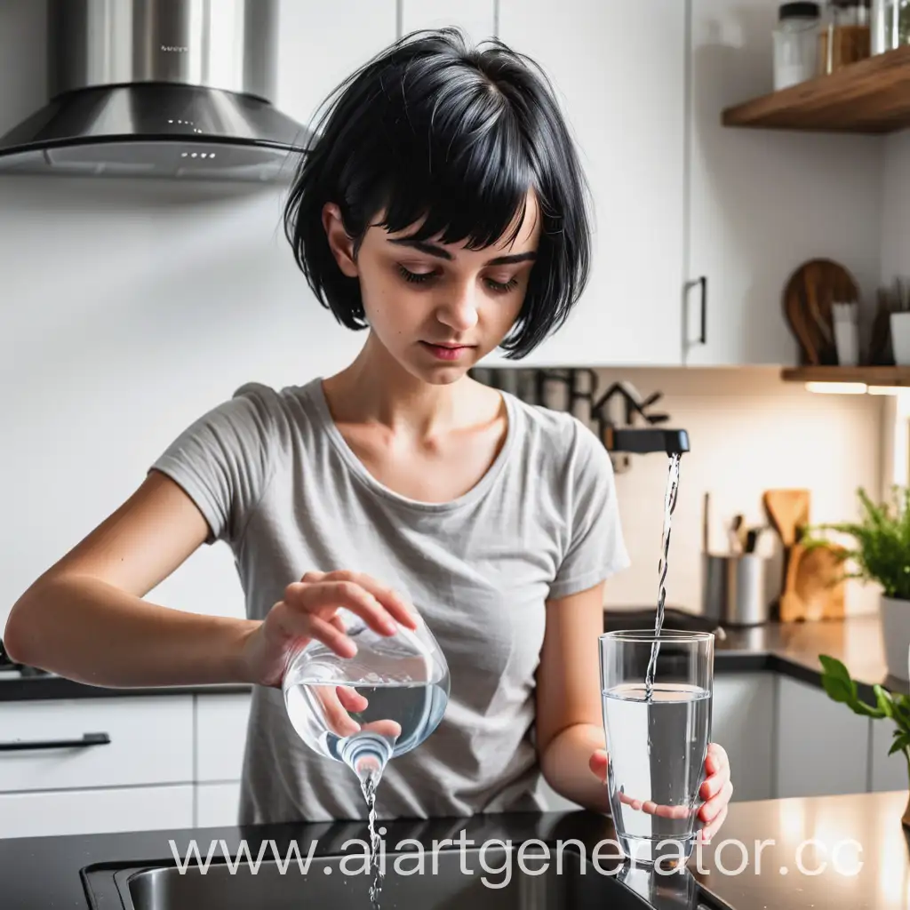 Девушка с короткими черными волосами   наливает  стакан  воды на кухне