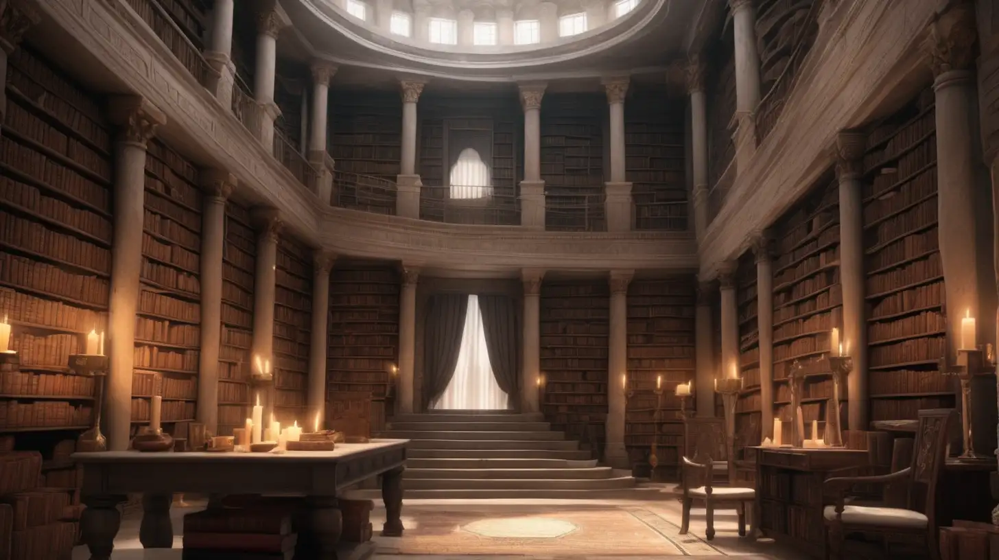 Ancient Hebrew Library with Towering Bookshelves and Candlelit Ambiance