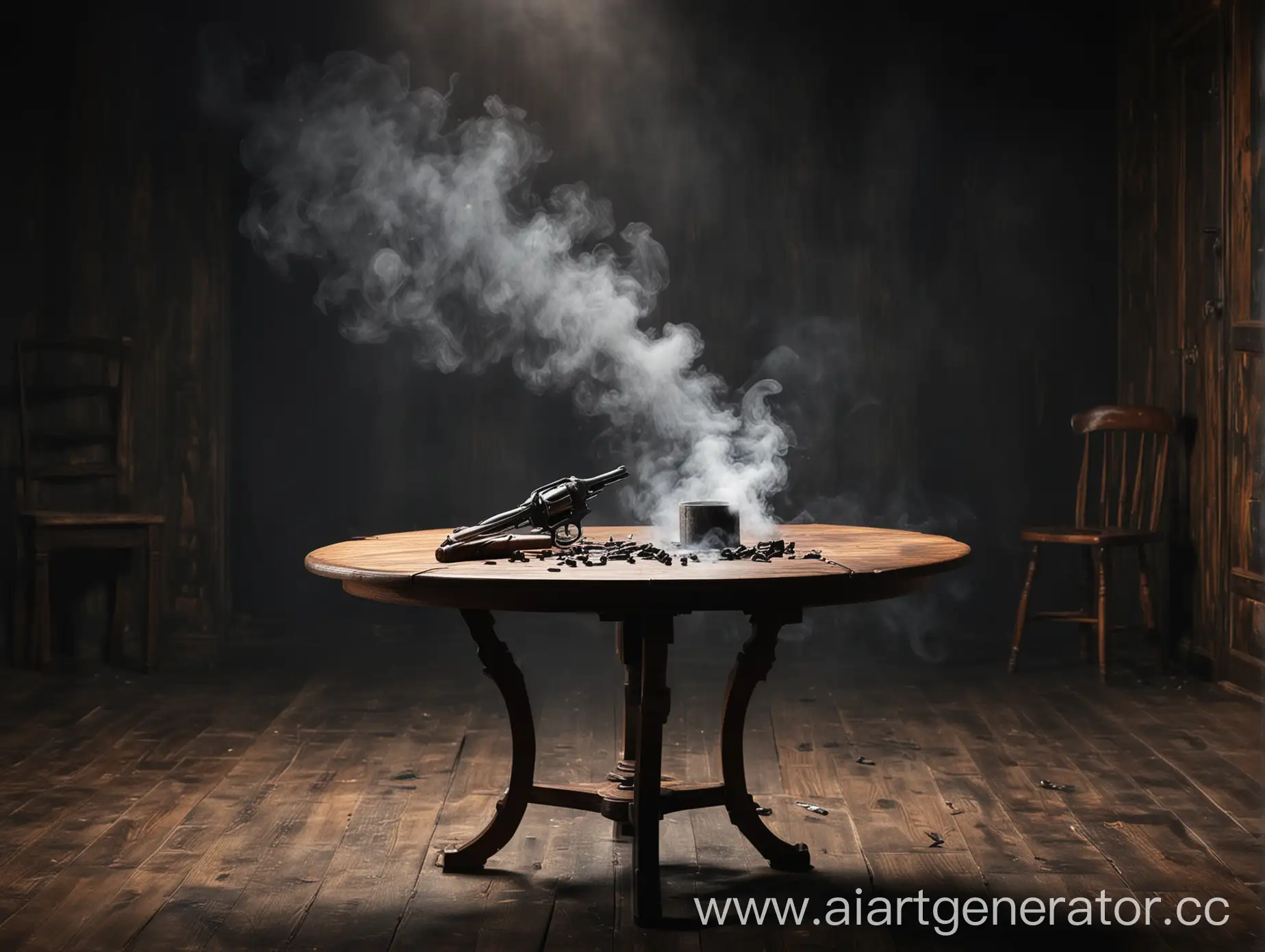 Dark-Room-with-Smoking-Revolver-on-Wooden-Round-Table