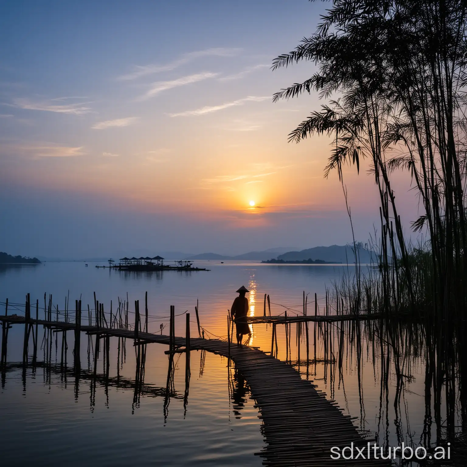 create an image of a fisherman walking on a bamboo wharf next to a body of water, by Sudip Roy, pixabay contest winner, romanticism, blue hour sky, bamboo vine bridge silhouette over lake, fishing village, vibrant composition and color