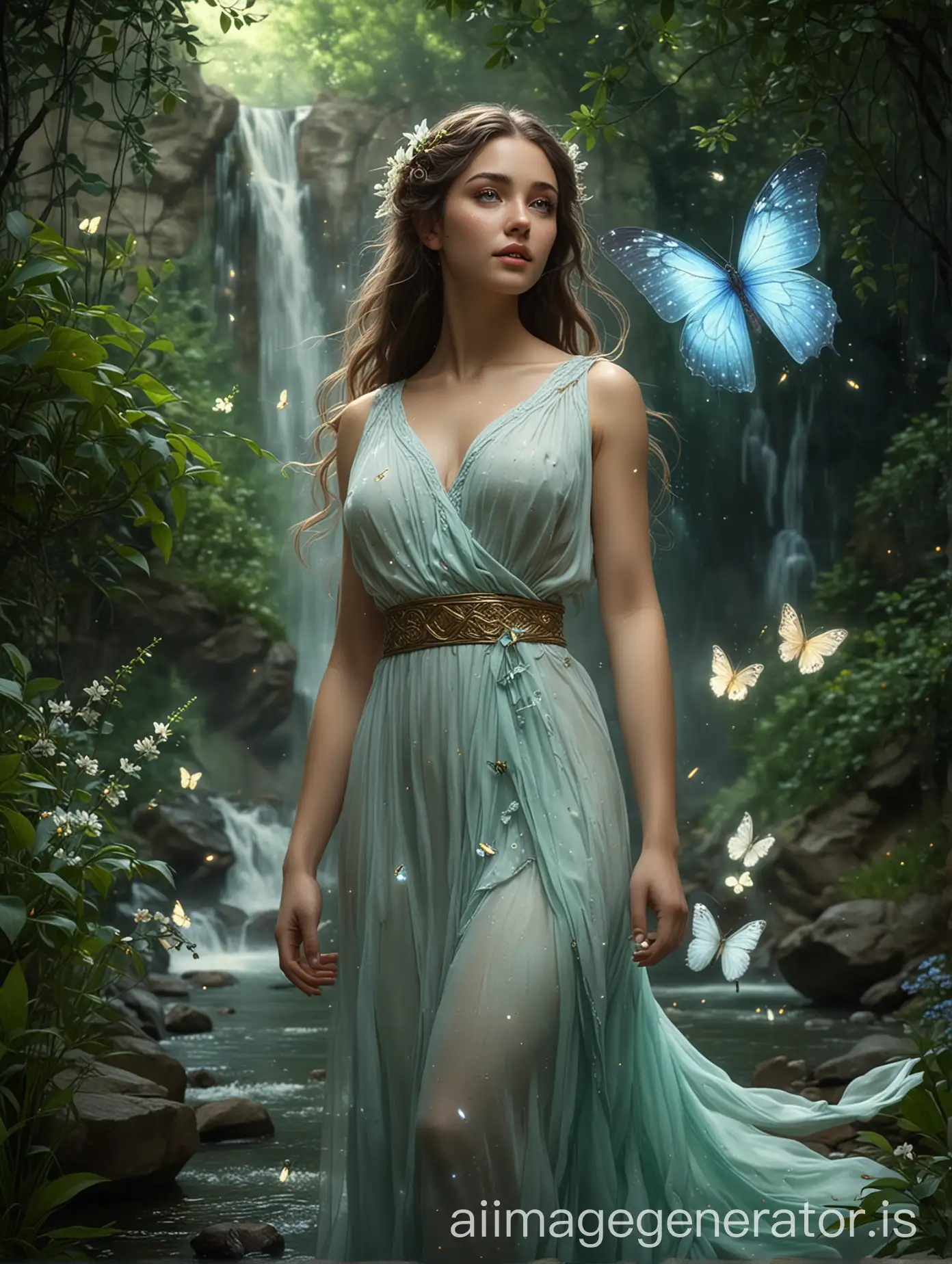 Create an image of Kimiya Hosseini as the Greek goddess Psyche. Arround her, there are a crystal-clear waterfall in a mythical landscape. She should be depicted with large, translucent butterfly wings, and her attire should be a flowing, pastel-colored gown that moves gently with the breeze. The background should include lush greenery, vibrant flowers, and softly glowing fireflies, evoking a sense of wonder and enchantment.  Portrait. She has blue-green eyes.