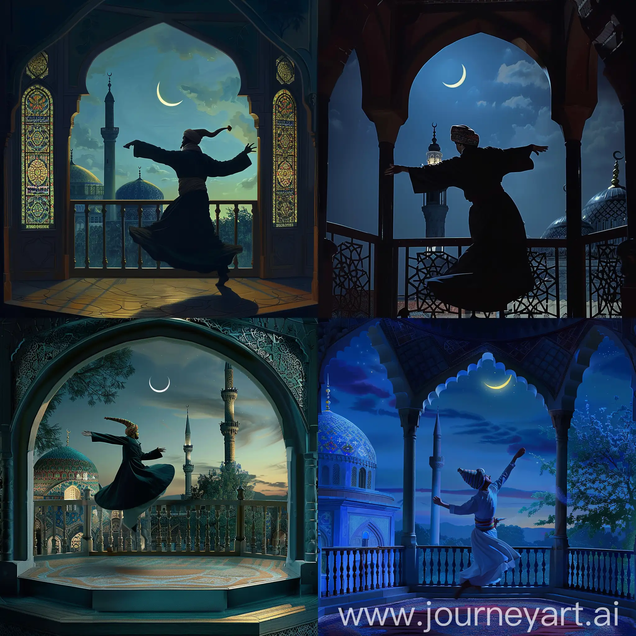 a whirling dervish wearing fez cap performing sufi whirling, inside an octagonal balcony, calm and serene night outside with a cresent moon, view of a Persian tiled mosque dome and minaret --sref https://cdn.discordapp.com/attachments/1213041174428782623/1223222044104069191/IMG_20240326_220808.png?ex=665a538d&is=6659020d&hm=d45885ffdd7ce718afec12789f4a333fbfd309e42791b974dd4ba9c9ab9dd5db& --ar 2:3