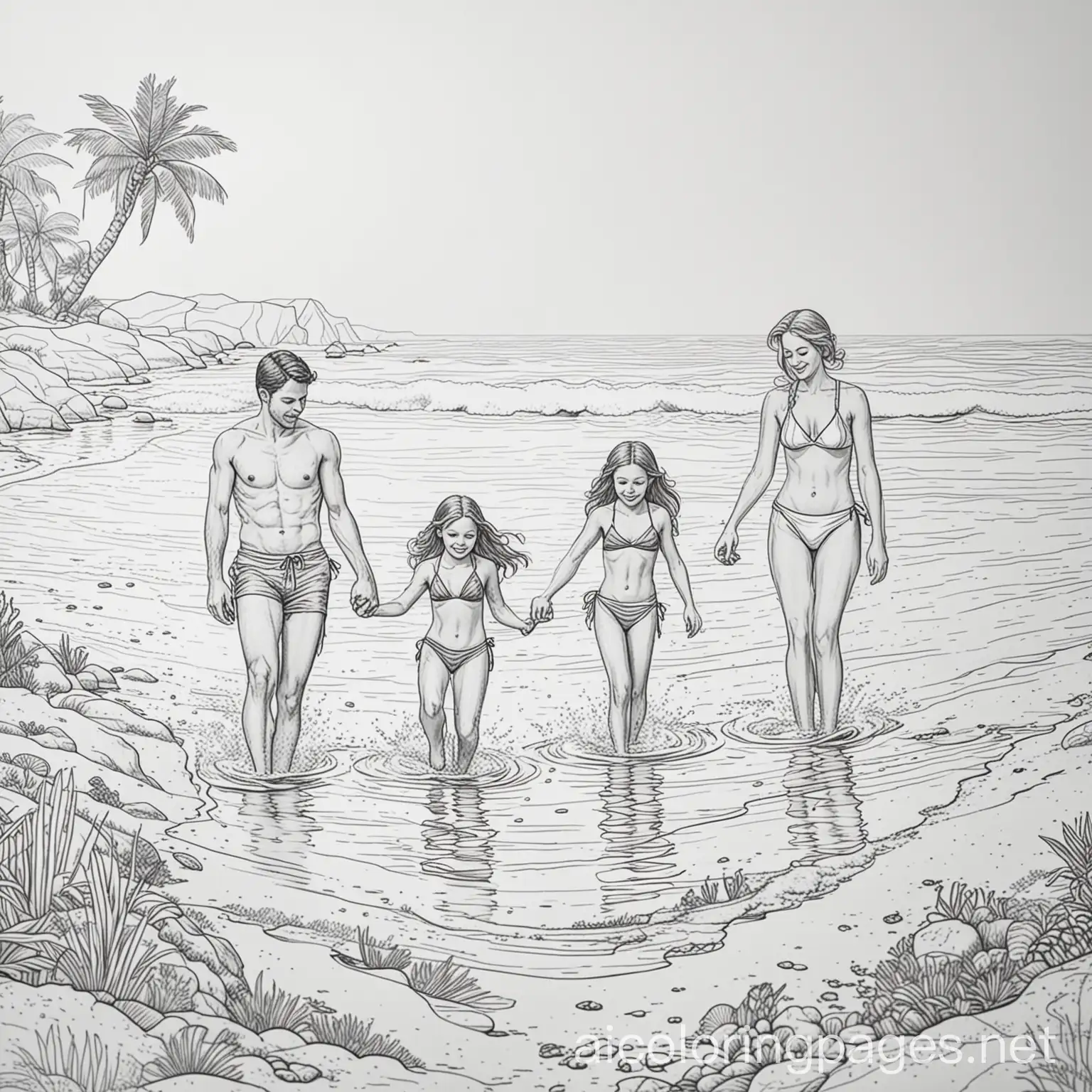 family swimming in a beach
, Coloring Page, black and white, line art, white background, Simplicity, Ample White Space. The background of the coloring page is plain white to make it easy for young children to color within the lines. The outlines of all the subjects are easy to distinguish, making it simple for kids to color without too much difficulty
