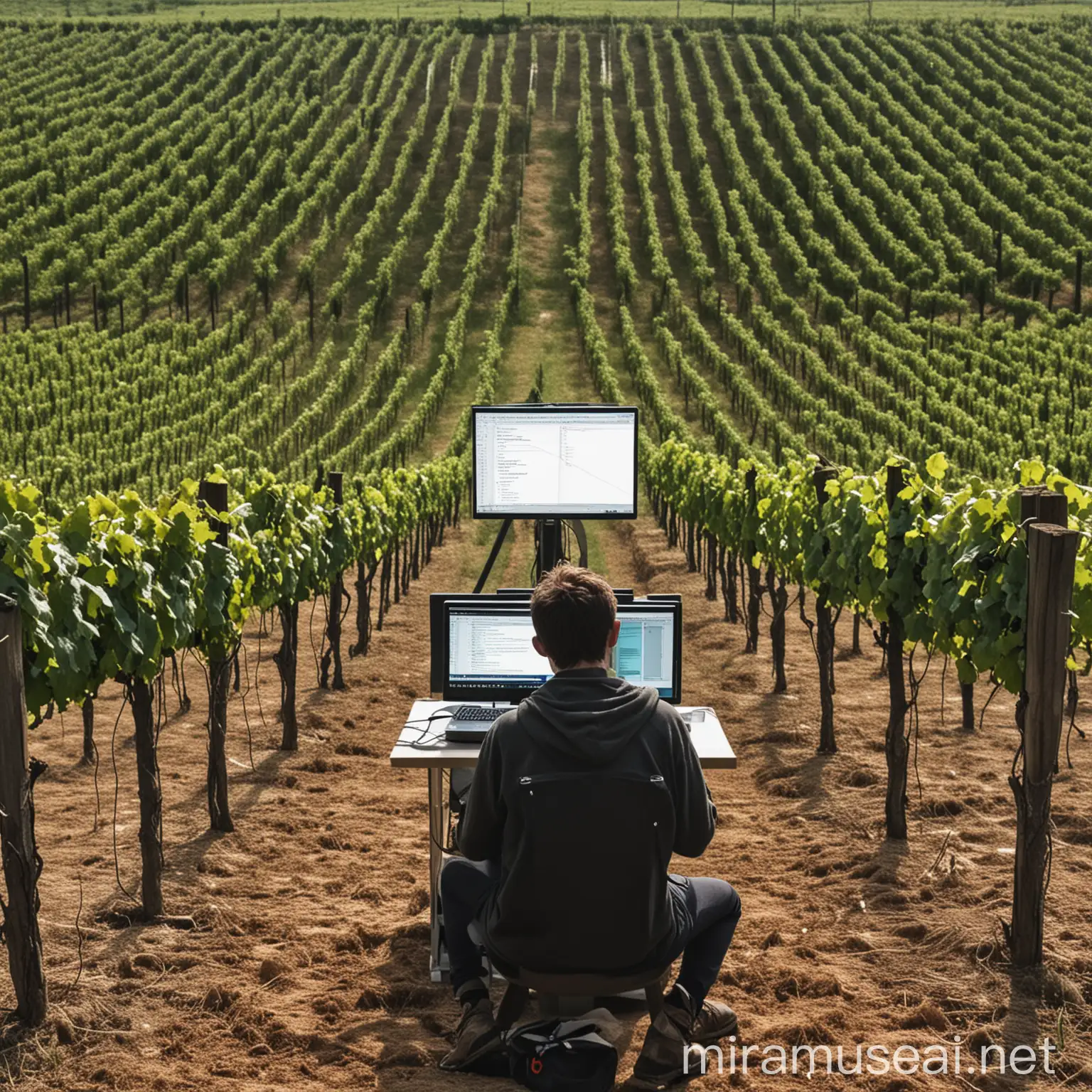 personne de dos, devant son ordinateur qui code un programme informatique au beau milieu des vignes