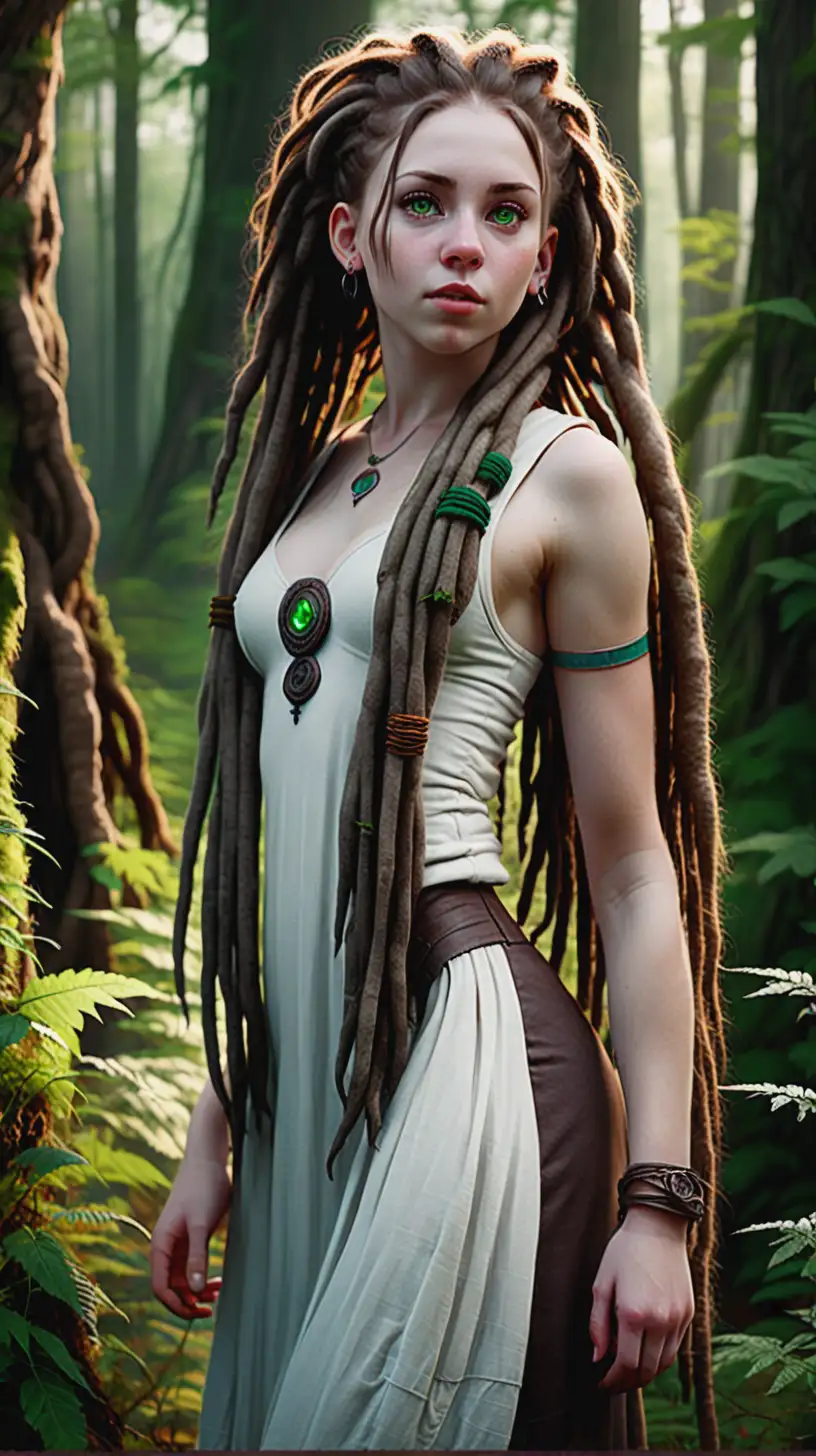 20 year old druid woman, (brown hair), pale white skin, very cute round face, (dreadlocks:1.4),  green eyes, masterpiece,  large cleavage, standing outside in the forest, full body