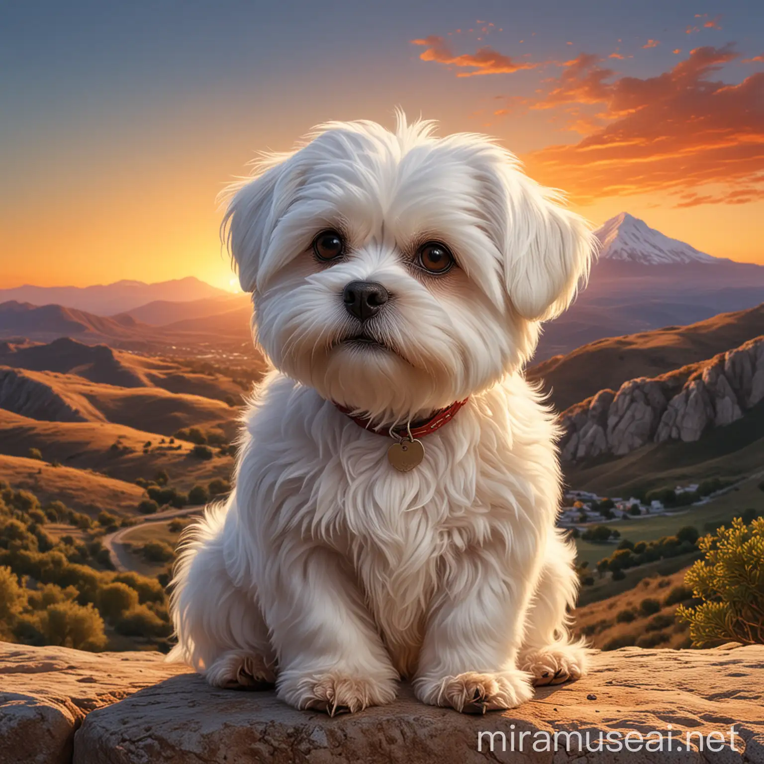 Maltese Dog Admiring Sunset Mountain View in Hyperrealistic Art