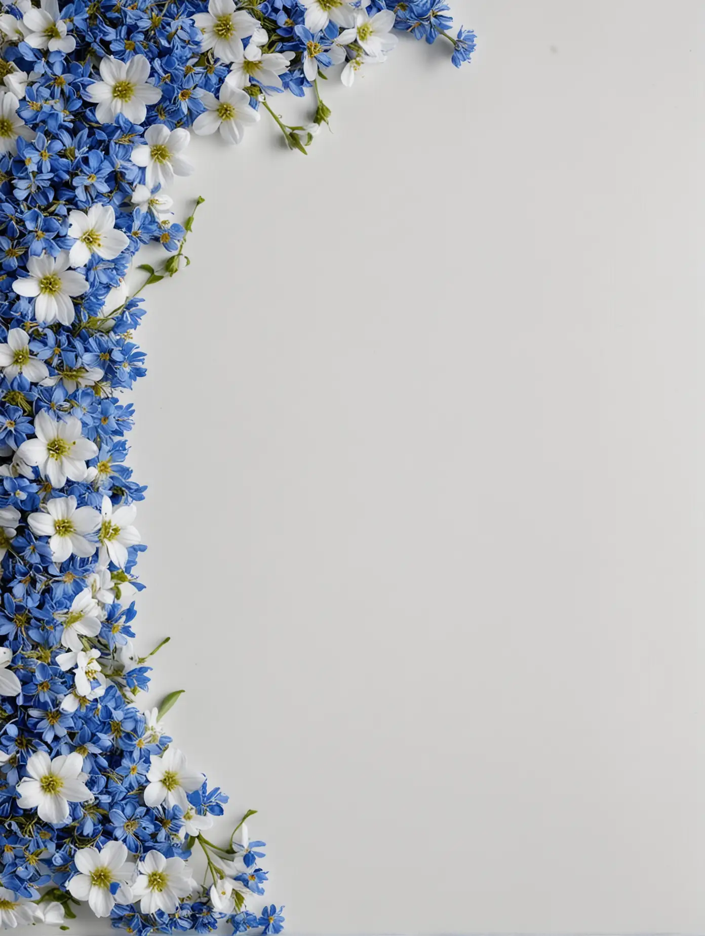 white clean table, top view, blue small flowers on the edges, macro, HD