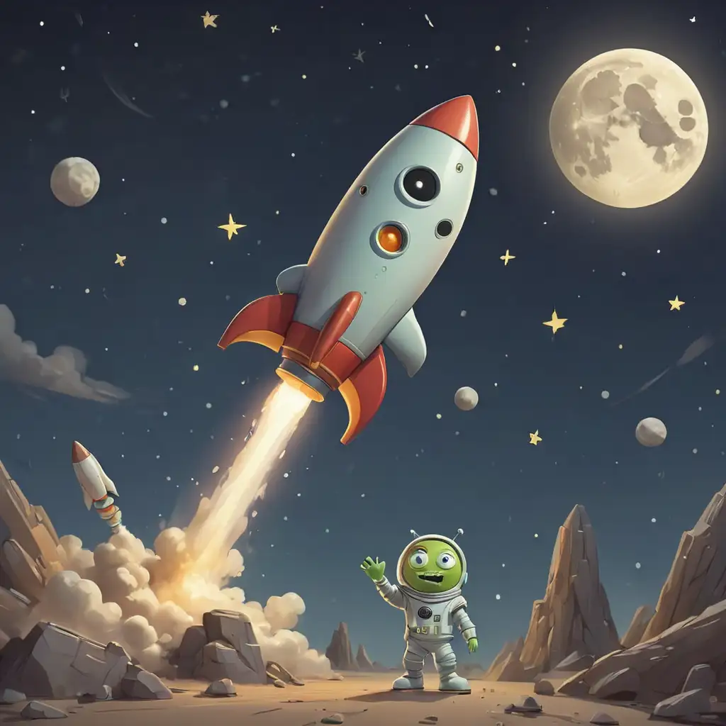 Cartoon Rocket Adventure with Aliens Stars and the Moon