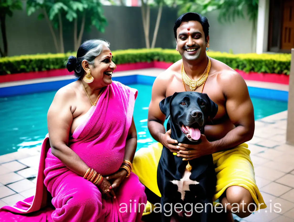 a 23 years indian muscular man with bull head is sitting with a 53 years indian mature fat pregnant woman with makeup wearing earrings and gold ornaments with boob cut style. both are wearing wet neon pink bath towel and they are standing in a luxurious swimming pool court yard, and are happy and laughing. And Labrador Retriever Dog breed is near them. they are standing . its a night time and lights are there. its raining.