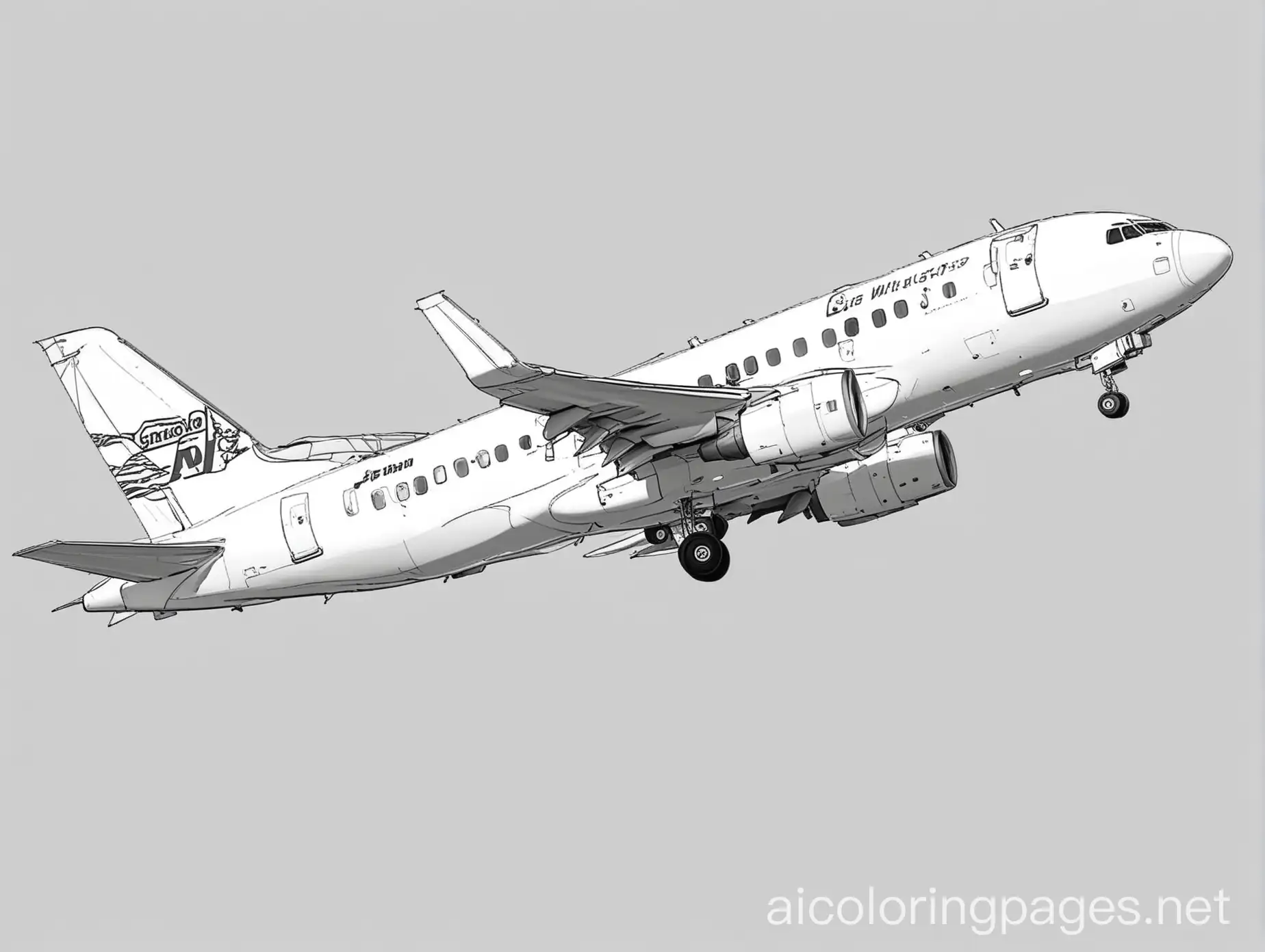 passenger airline, Coloring Page, black and white, line art, white background, Simplicity, Ample White Space. The background of the coloring page is plain white to make it easy for young children to color within the lines. The outlines of all the subjects are easy to distinguish, making it simple for kids to color without too much difficulty
