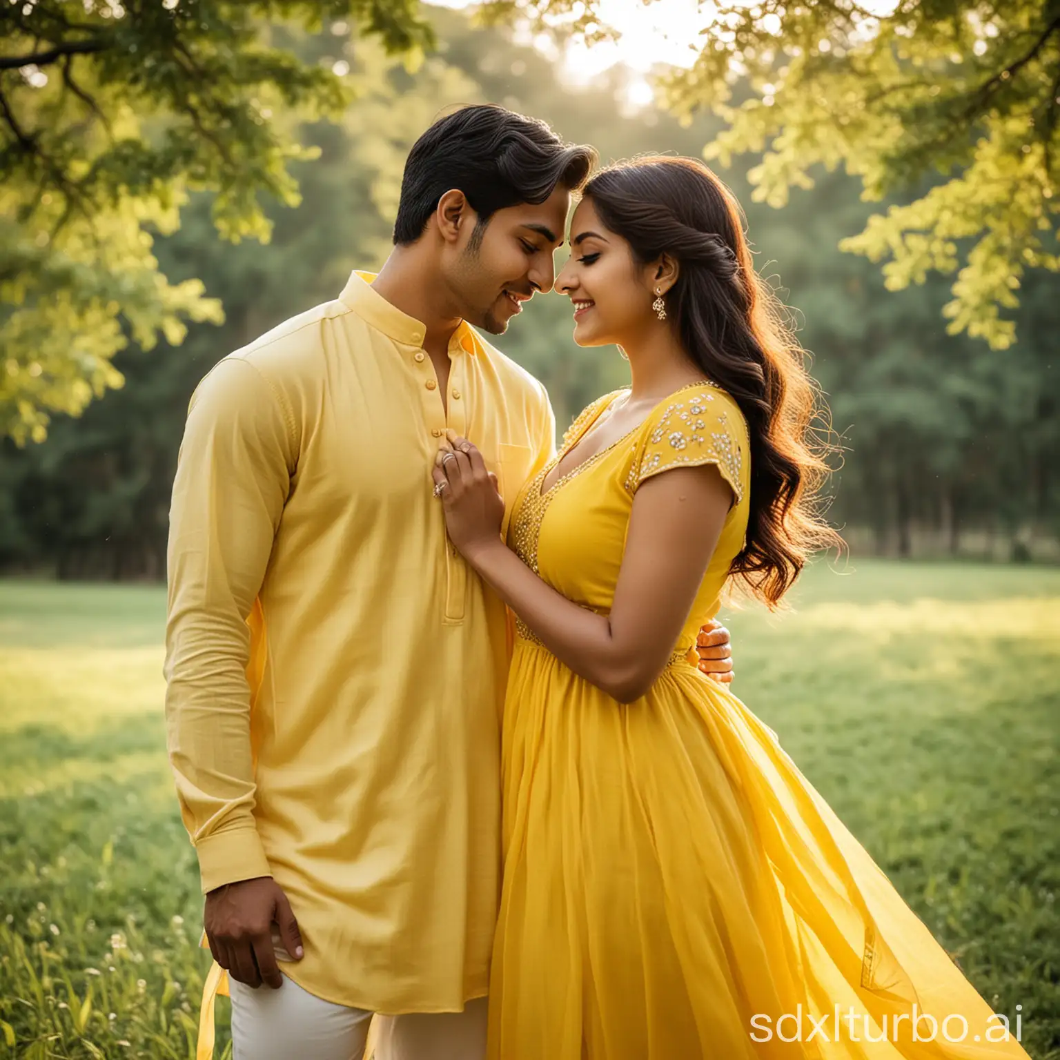 young indian couple romantic look, wearing yellow dress flowy