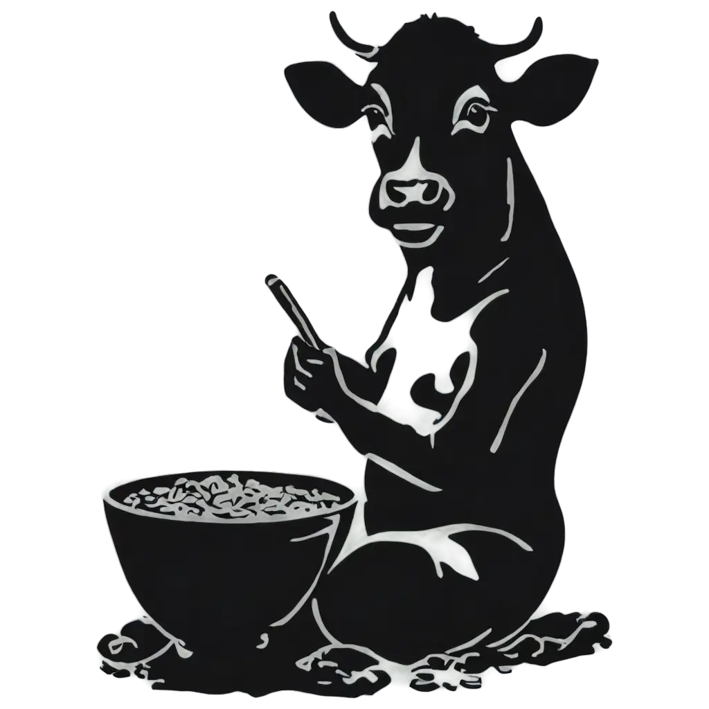an stencil art of a cow sitting and holding a rice bowl eating