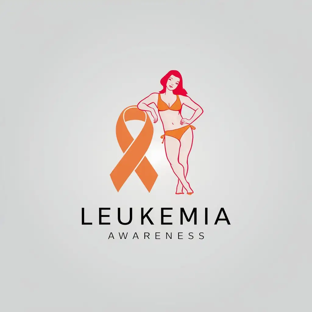 a logo design,with the text "Leukemia Awareness", main symbol:Redhead woman in orange bikini leaning on a orange cancer ribbon,Minimalistic,clear background