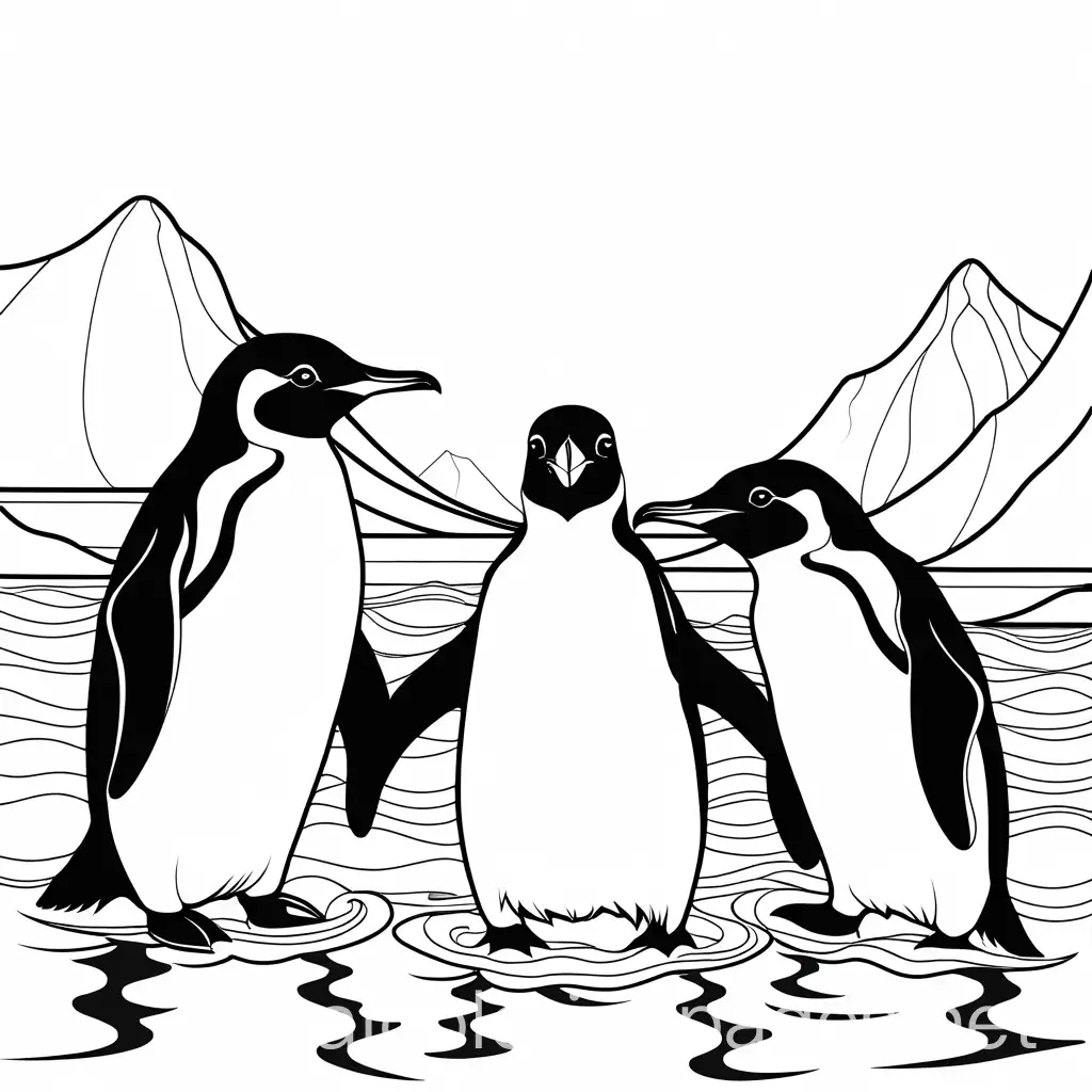 happy Penguins in the water , coloring book photo , thick lines , no shading , Coloring Page, black and white, line art, white background, Simplicity, Ample White Space. The background of the coloring page is plain white to make it easy for young children to color within the lines. The outlines of all the subjects are easy to distinguish, making it simple for kids to color without too much difficulty