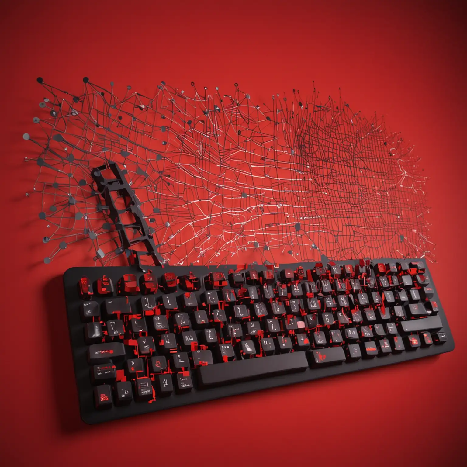 create a graphic with the silhouette of a world wide web icon, with a keyboard on an abstract-technological red background
